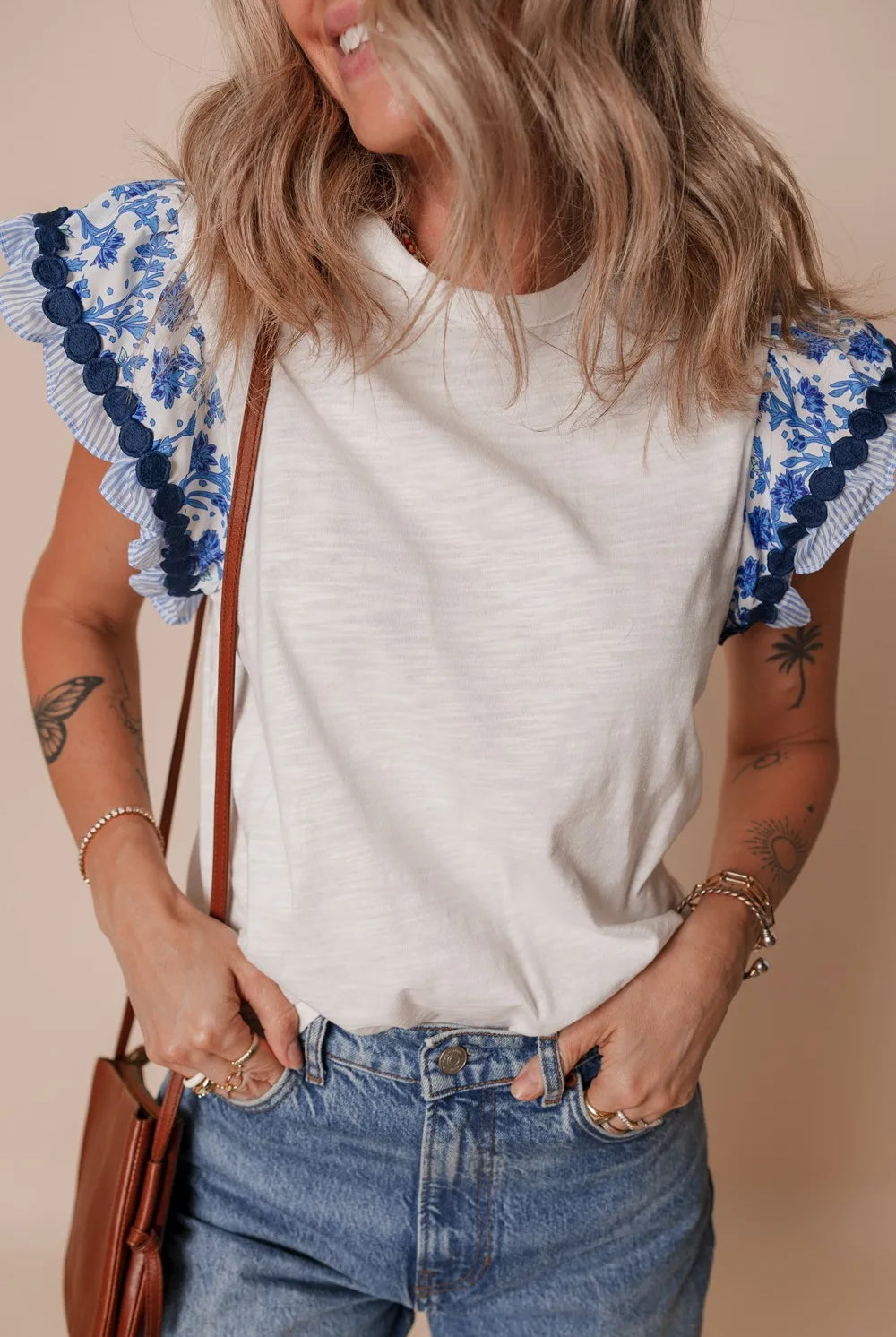 Round Neck Printed Ruffled Cap Sleeve Blouse-Tops-Krush Kandy, Women's Online Fashion Boutique Located in Phoenix, Arizona (Scottsdale Area)