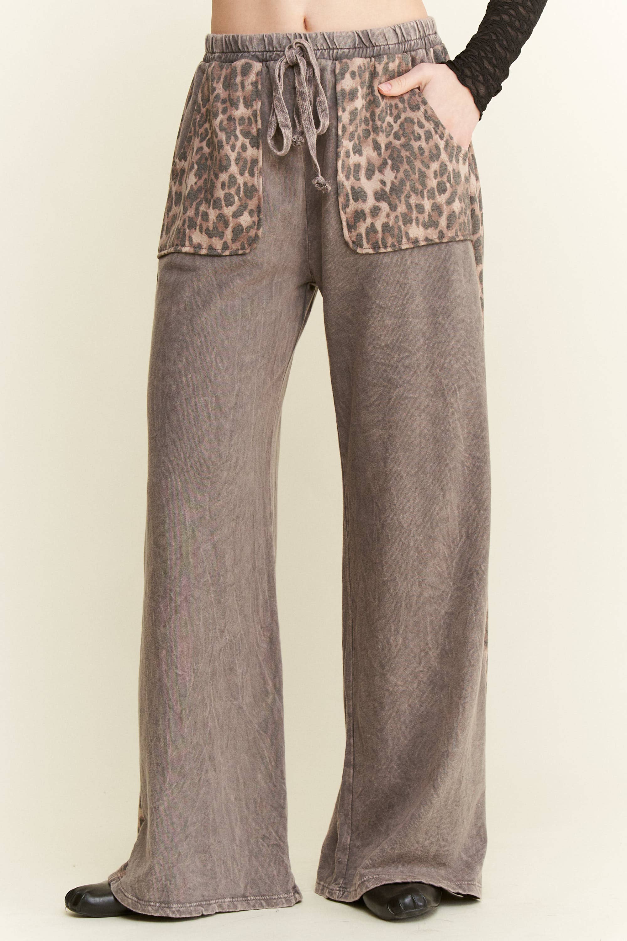 Mineral Washed Leopard Print Pocket Side Trim Pants-Pants-Krush Kandy, Women's Online Fashion Boutique Located in Phoenix, Arizona (Scottsdale Area)