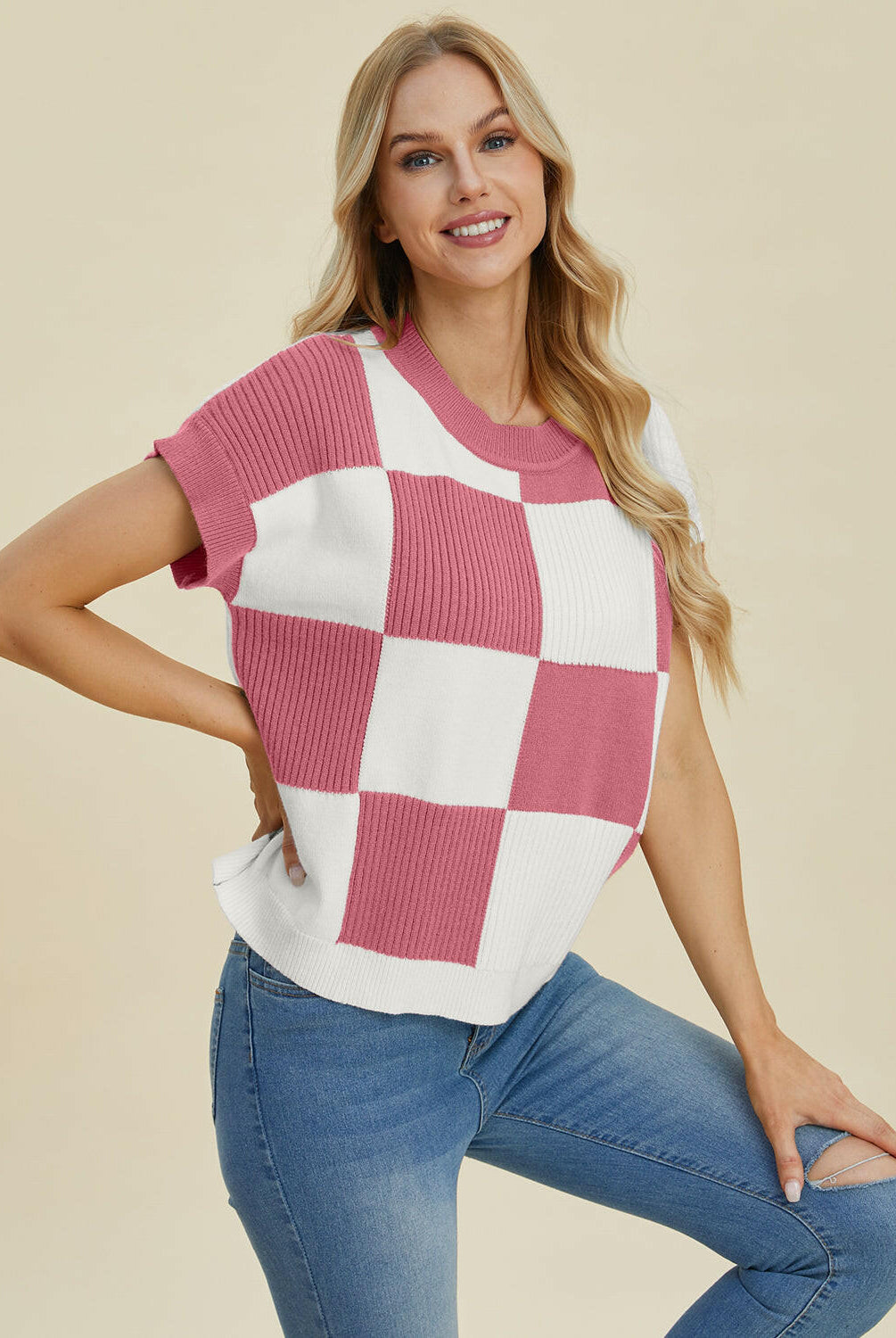 Double Take Full Size Checkered Round Neck Short Sleeve Sweater-Tops-Krush Kandy, Women's Online Fashion Boutique Located in Phoenix, Arizona (Scottsdale Area)