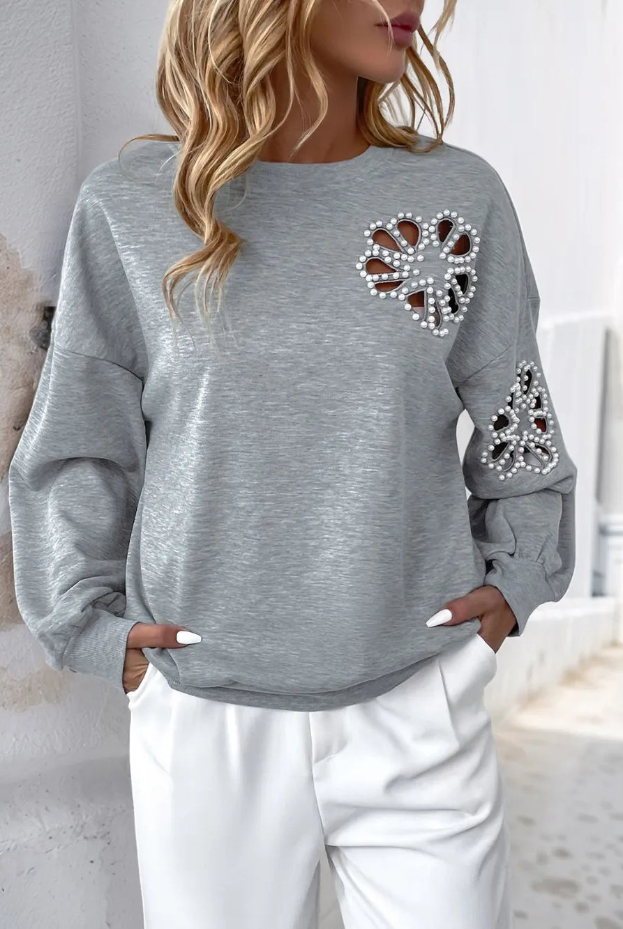 Perfee Cutout Pearl Round Neck Long Sleeve Sweatshirt-Sweaters-Krush Kandy, Women's Online Fashion Boutique Located in Phoenix, Arizona (Scottsdale Area)