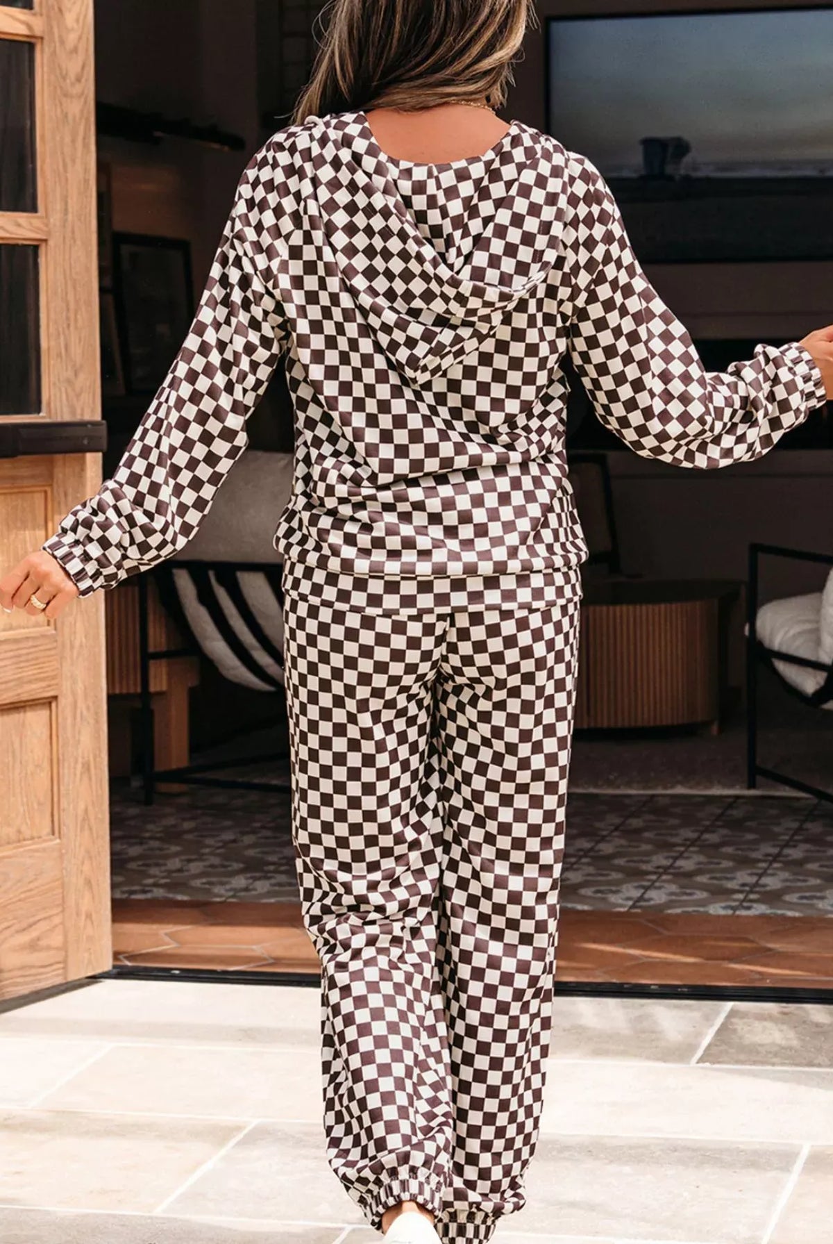 Checkered Drawstring Hoodie and Pants Set-2 Piece Outfit Sets-Krush Kandy, Women's Online Fashion Boutique Located in Phoenix, Arizona (Scottsdale Area)