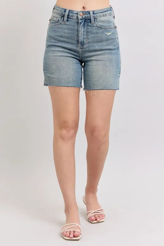 Judy Blue Full Size High Waist Vintage Wash Side Slit Denim Shorts Plus Size-Denim-Krush Kandy, Women's Online Fashion Boutique Located in Phoenix, Arizona (Scottsdale Area)