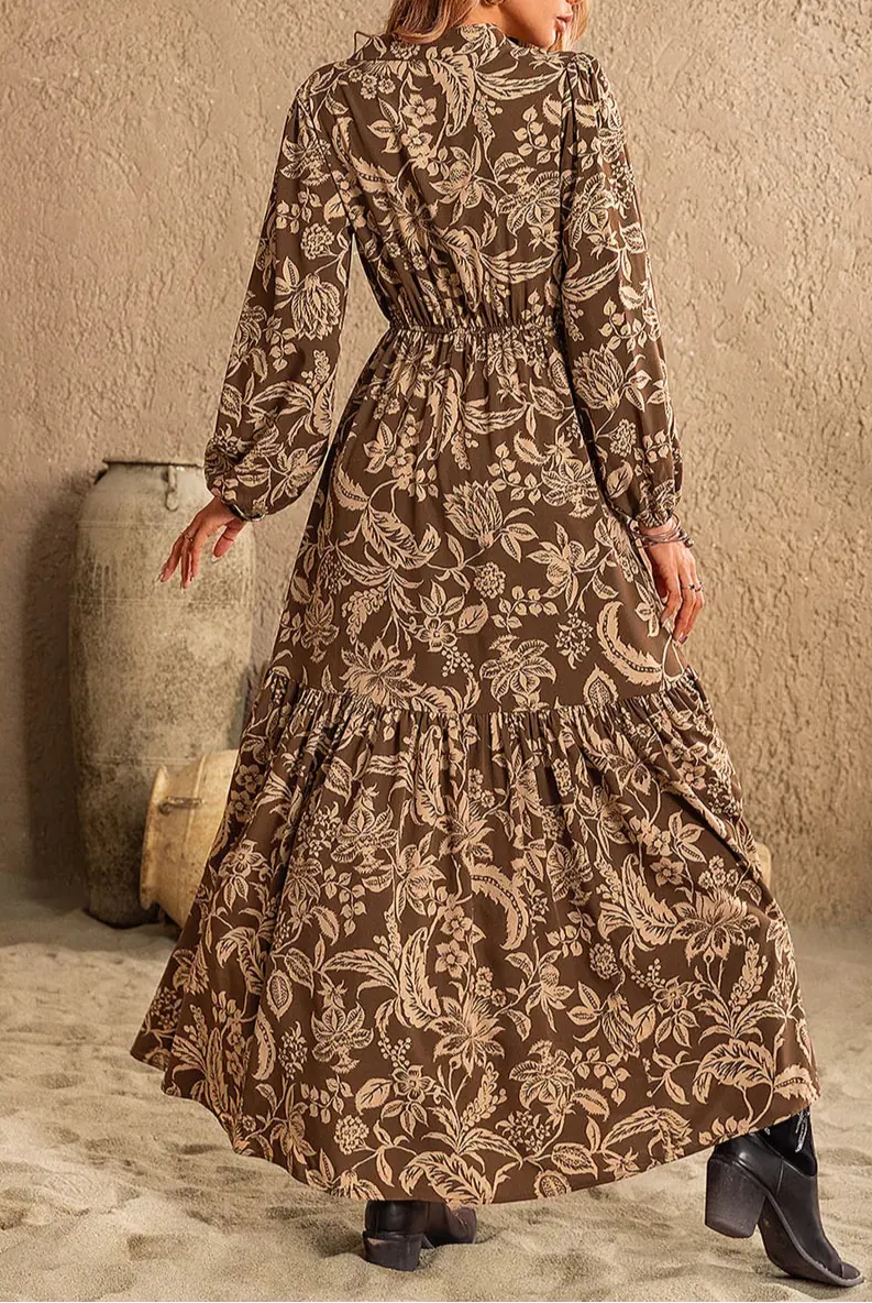 Ruched Printed Notched Long Sleeve Maxi Dress-Dresses-Krush Kandy, Women's Online Fashion Boutique Located in Phoenix, Arizona (Scottsdale Area)
