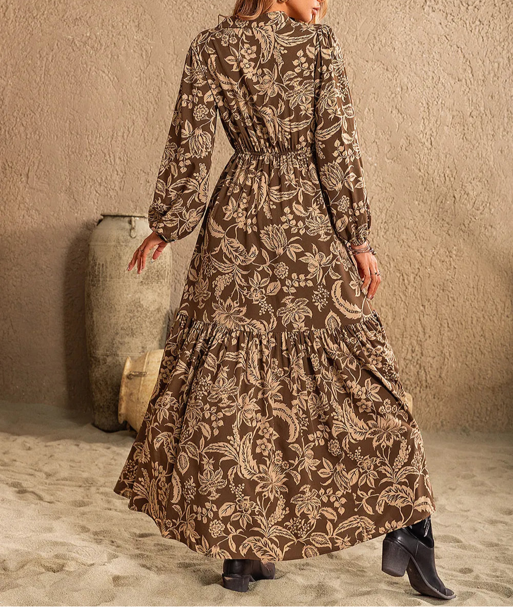 Ruched Printed Notched Long Sleeve Maxi Dress-Dresses-Krush Kandy, Women's Online Fashion Boutique Located in Phoenix, Arizona (Scottsdale Area)