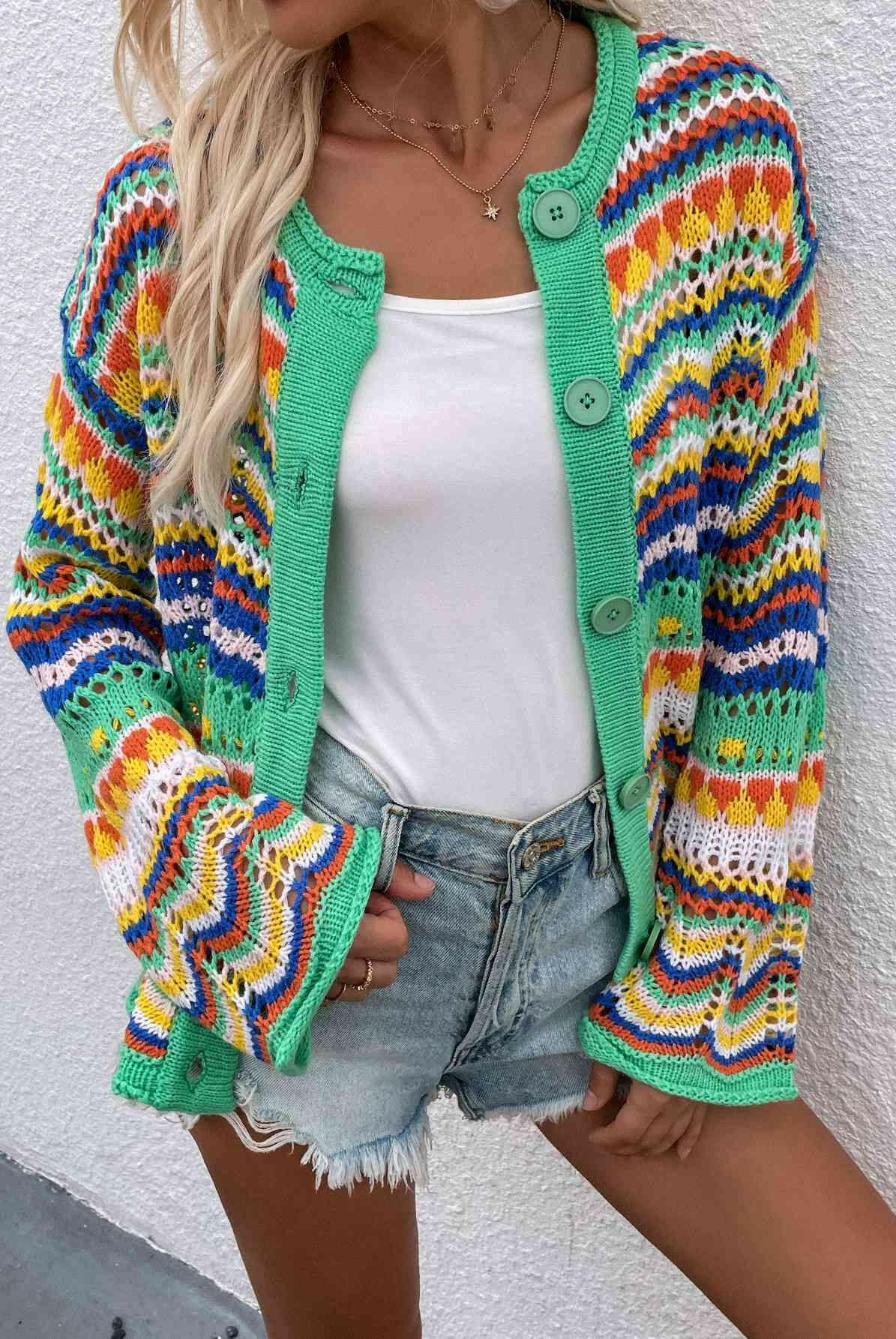 Chevron Stripes Openwork Cardigan-Krush Kandy, Women's Online Fashion Boutique Located in Phoenix, Arizona (Scottsdale Area)