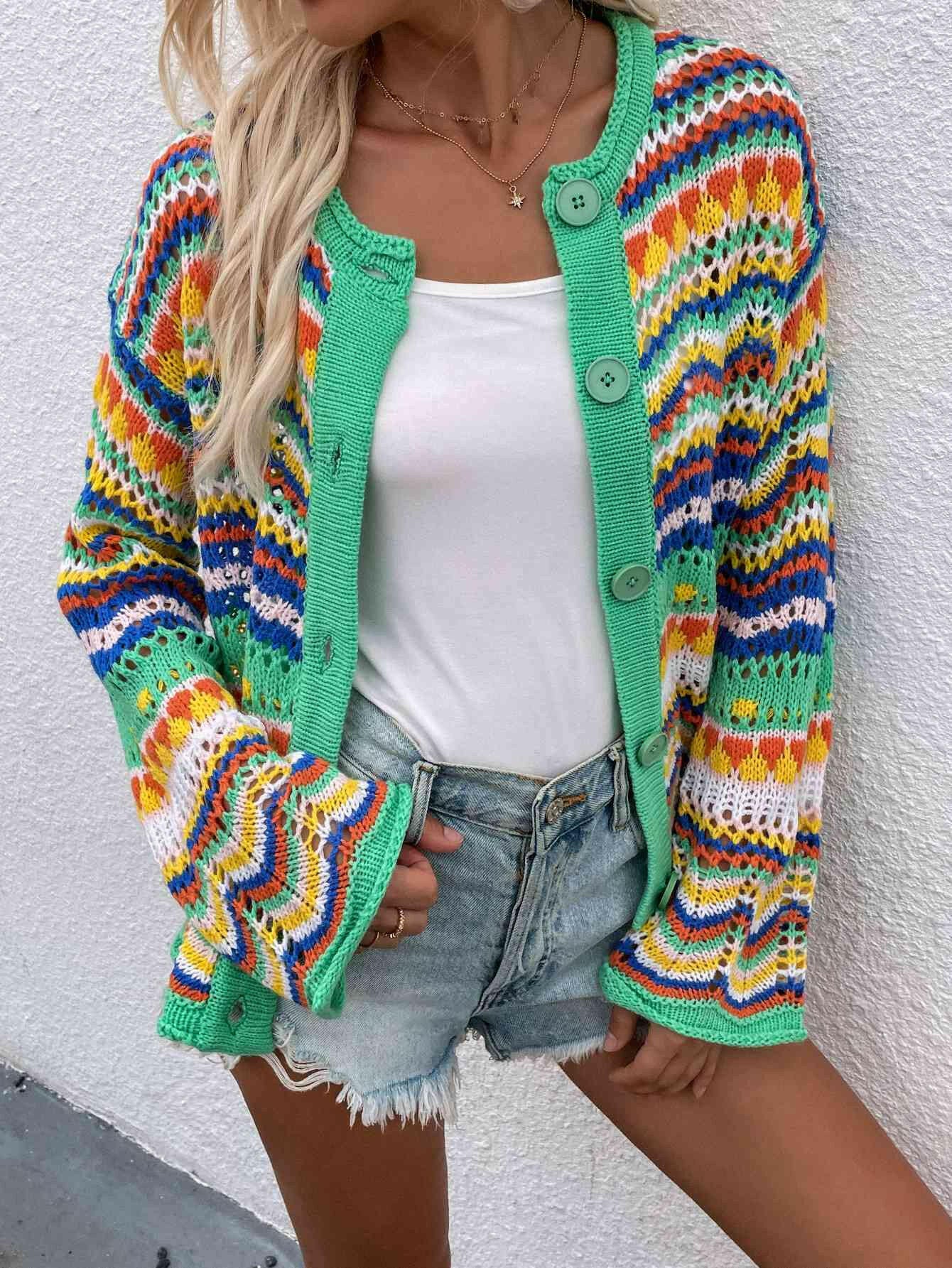 Chevron Stripes Openwork Cardigan-Krush Kandy, Women's Online Fashion Boutique Located in Phoenix, Arizona (Scottsdale Area)
