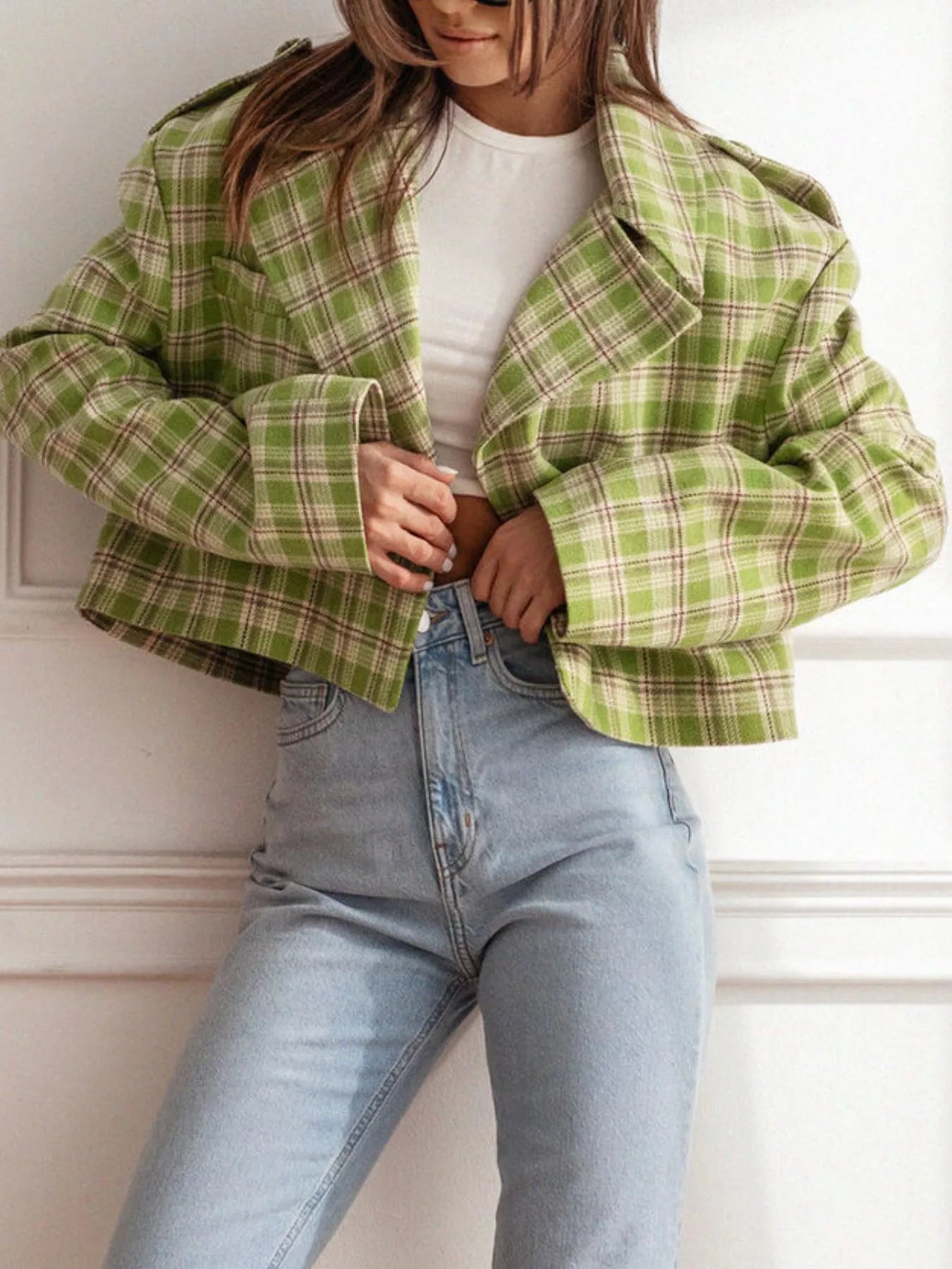 Plaid Lapel Collar Cropped Outerwear-Jackets-Krush Kandy, Women's Online Fashion Boutique Located in Phoenix, Arizona (Scottsdale Area)