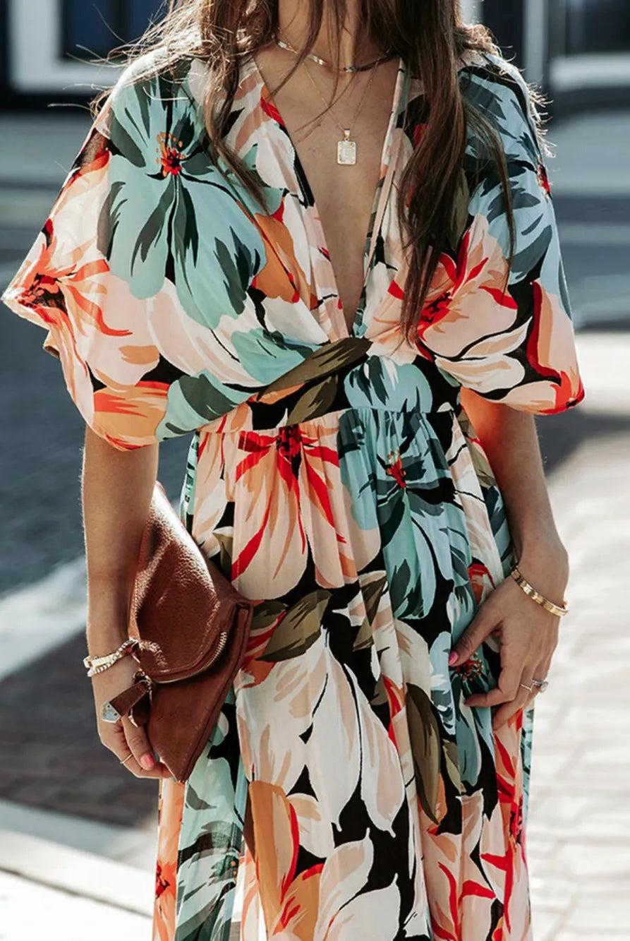 Floral Plunge Half Sleeve Dress-Krush Kandy, Women's Online Fashion Boutique Located in Phoenix, Arizona (Scottsdale Area)