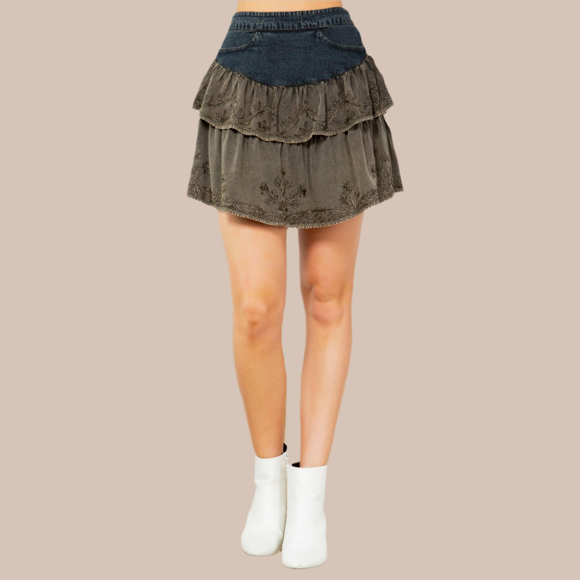 Boho Denim Fusion Embroidered Mini Skirt-Skirts-Krush Kandy, Women's Online Fashion Boutique Located in Phoenix, Arizona (Scottsdale Area)