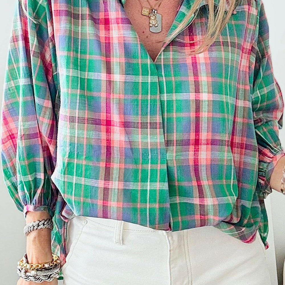 Pastel Plaid Button-Up Blouse-Blouses-Krush Kandy, Women's Online Fashion Boutique Located in Phoenix, Arizona (Scottsdale Area)