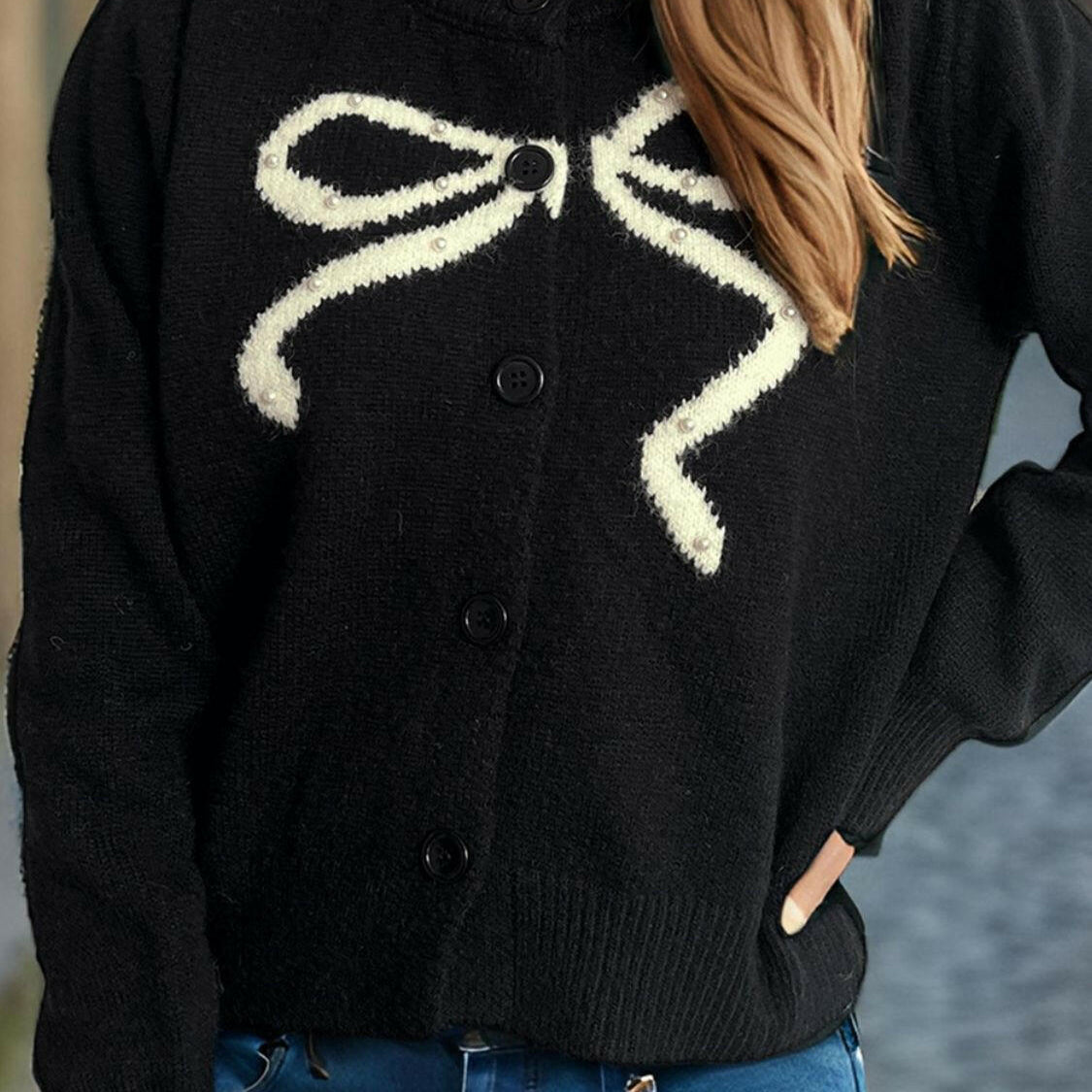 Bow Button Down Round Neck Cardigan-Krush Kandy, Women's Online Fashion Boutique Located in Phoenix, Arizona (Scottsdale Area)