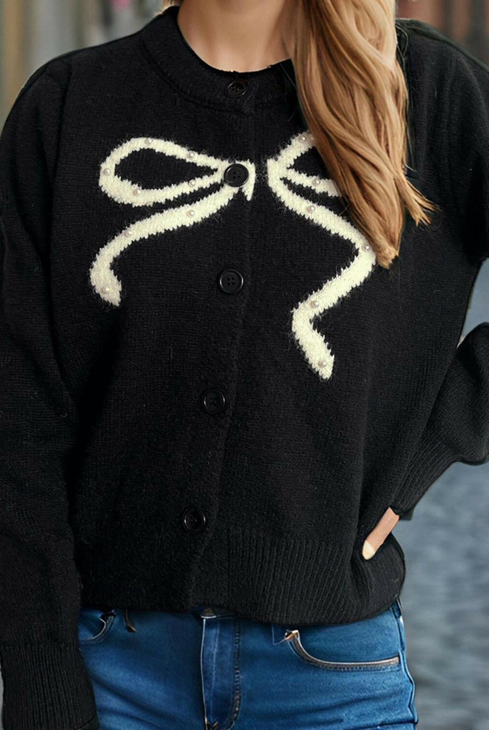Bow Button Down Round Neck Cardigan-Krush Kandy, Women's Online Fashion Boutique Located in Phoenix, Arizona (Scottsdale Area)