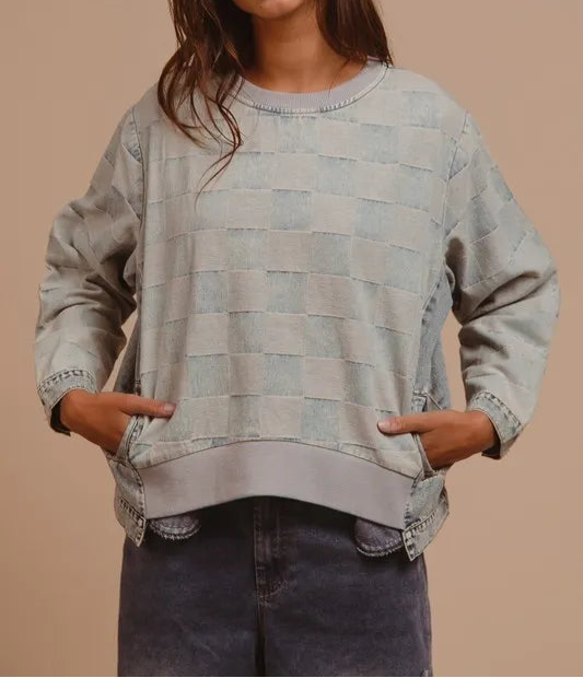 BiBi Mineral Washed Checkered Round Neck Denim Top-Sweater-Krush Kandy, Women's Online Fashion Boutique Located in Phoenix, Arizona (Scottsdale Area)
