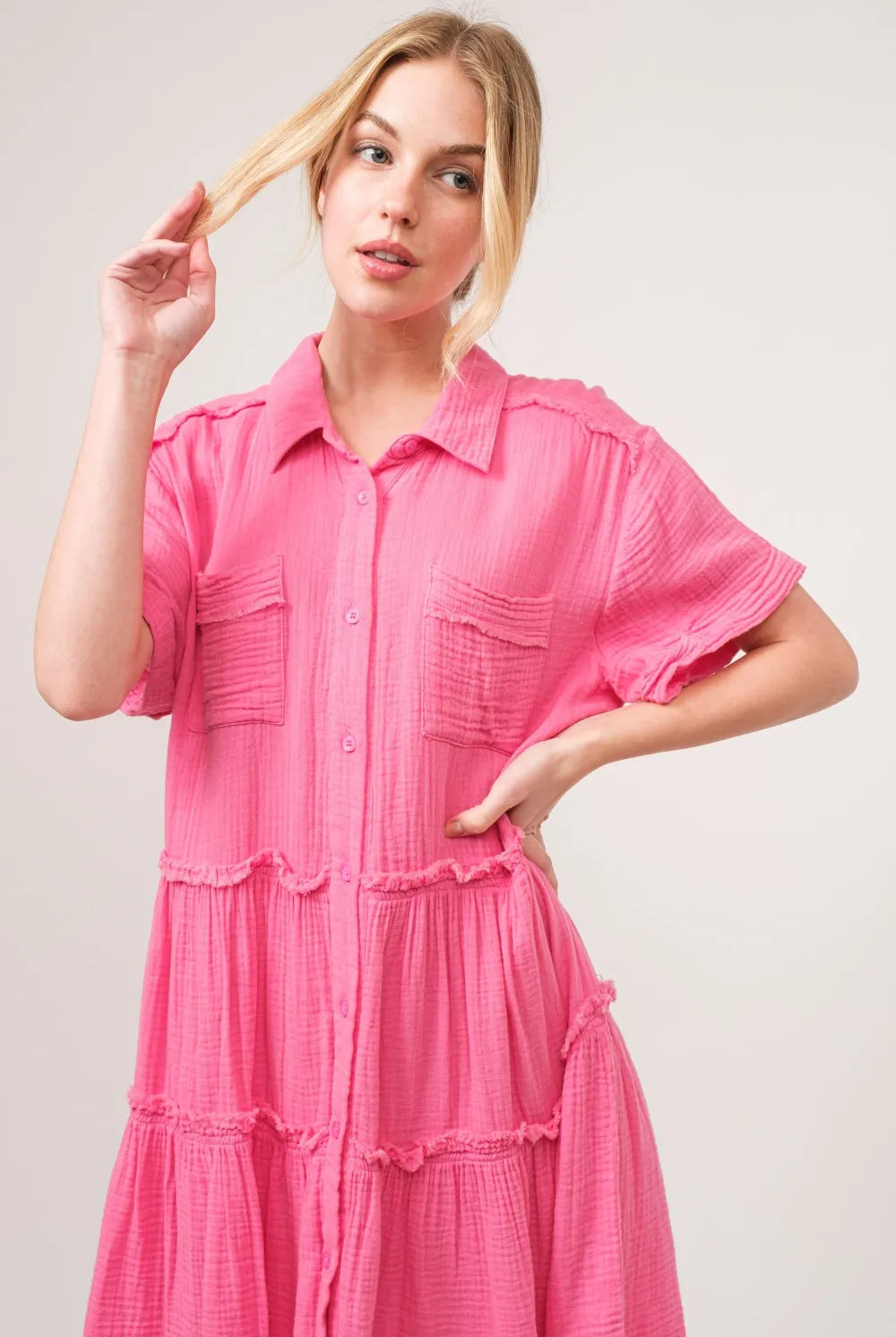 And The Why Full Size Raw Edge Washed Tiered Shirt Dress-Dresses-Krush Kandy, Women's Online Fashion Boutique Located in Phoenix, Arizona (Scottsdale Area)