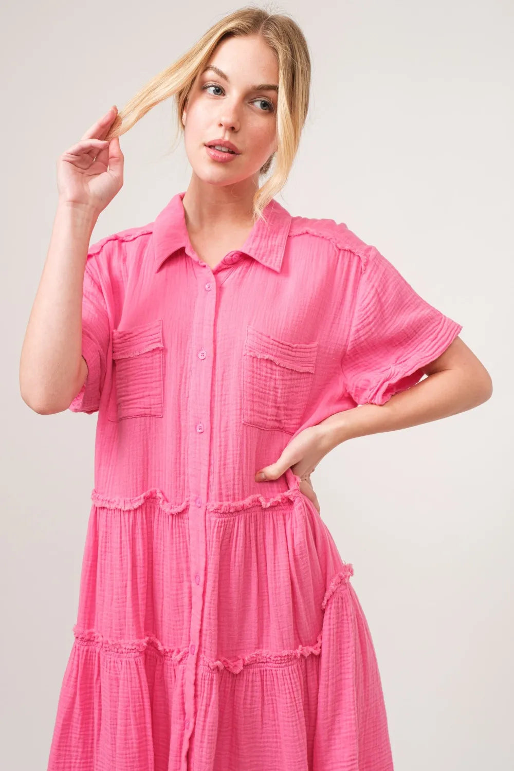 And The Why Full Size Raw Edge Washed Tiered Shirt Dress-Dresses-Krush Kandy, Women's Online Fashion Boutique Located in Phoenix, Arizona (Scottsdale Area)