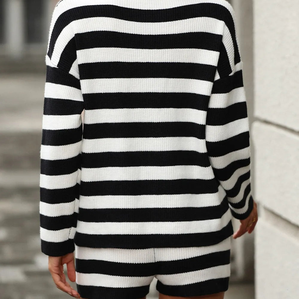 Striped Round Neck Top and Shorts Sweater Set-2 Piece Outfit Sets-Krush Kandy, Women's Online Fashion Boutique Located in Phoenix, Arizona (Scottsdale Area)