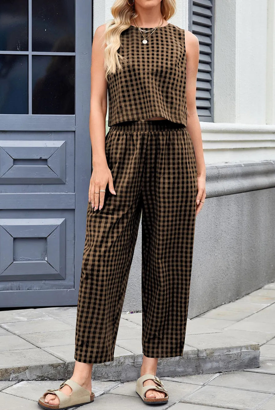 Lovelet Plaid Round Neck Sleeveless Top and Pants Set-2 Piece Outfit Sets-Krush Kandy, Women's Online Fashion Boutique Located in Phoenix, Arizona (Scottsdale Area)