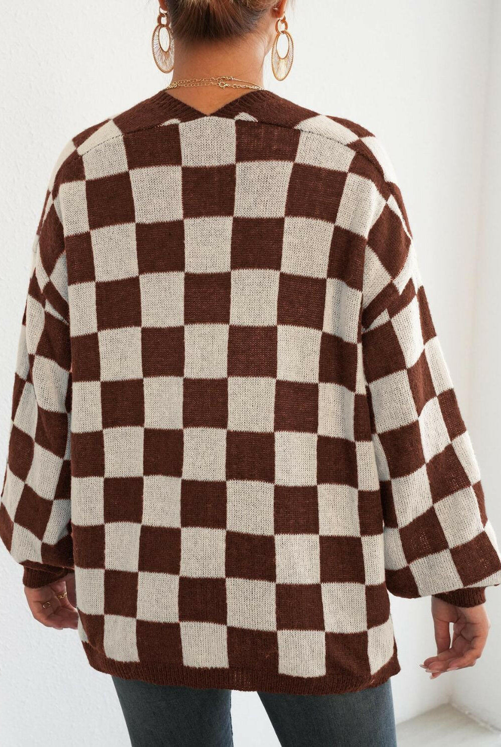 Checkered Open Front Long Sleeve Cardigan-Cardigans-Krush Kandy, Women's Online Fashion Boutique Located in Phoenix, Arizona (Scottsdale Area)