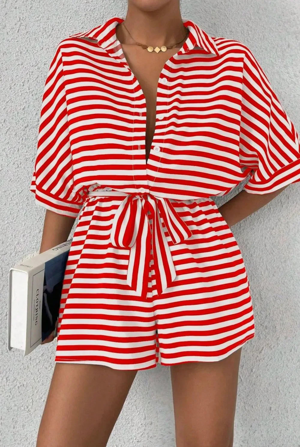 Striped Collared Neck Tie Waist Romper-Krush Kandy, Women's Online Fashion Boutique Located in Phoenix, Arizona (Scottsdale Area)