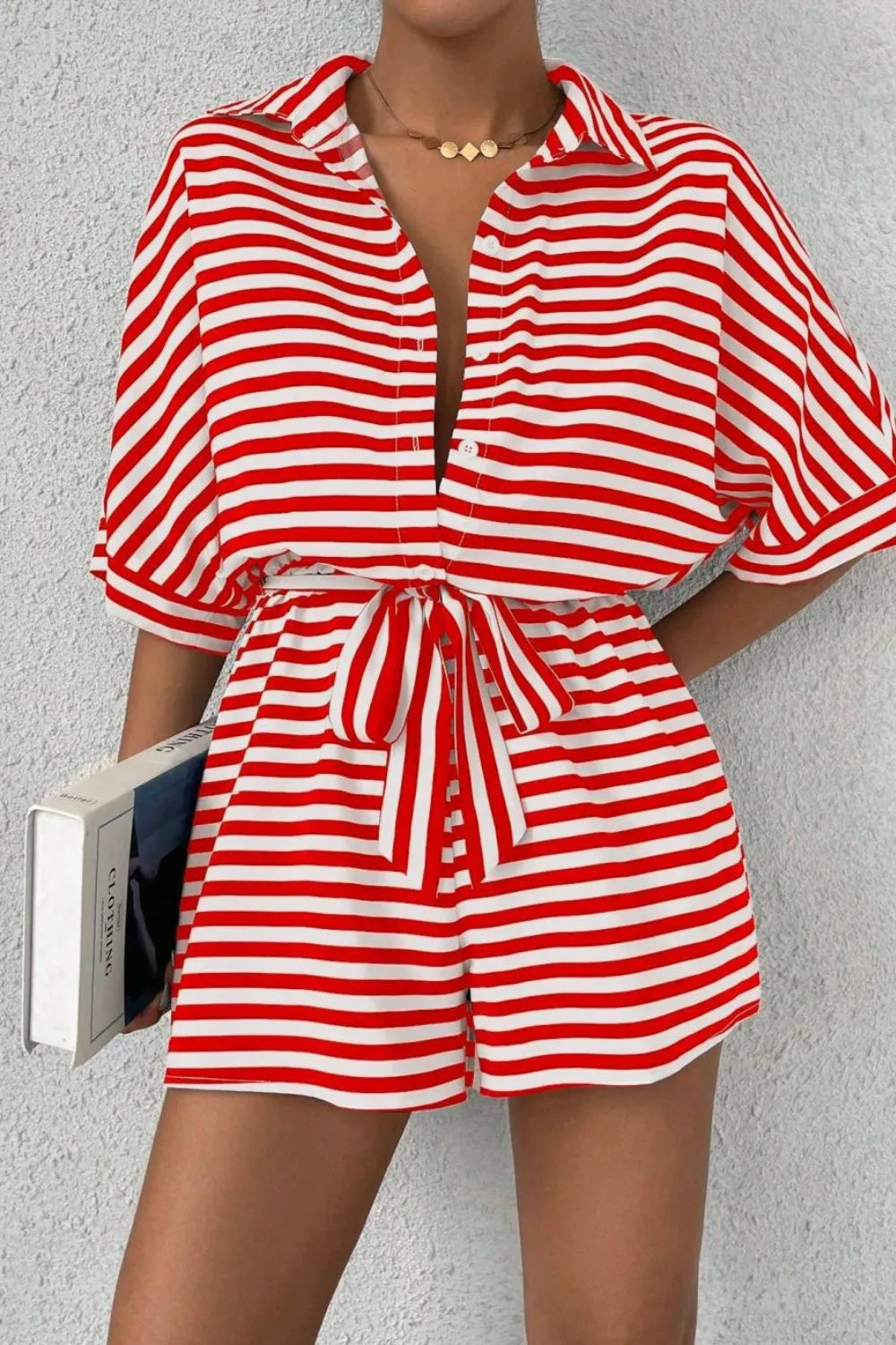 Striped Collared Neck Tie Waist Romper-Krush Kandy, Women's Online Fashion Boutique Located in Phoenix, Arizona (Scottsdale Area)