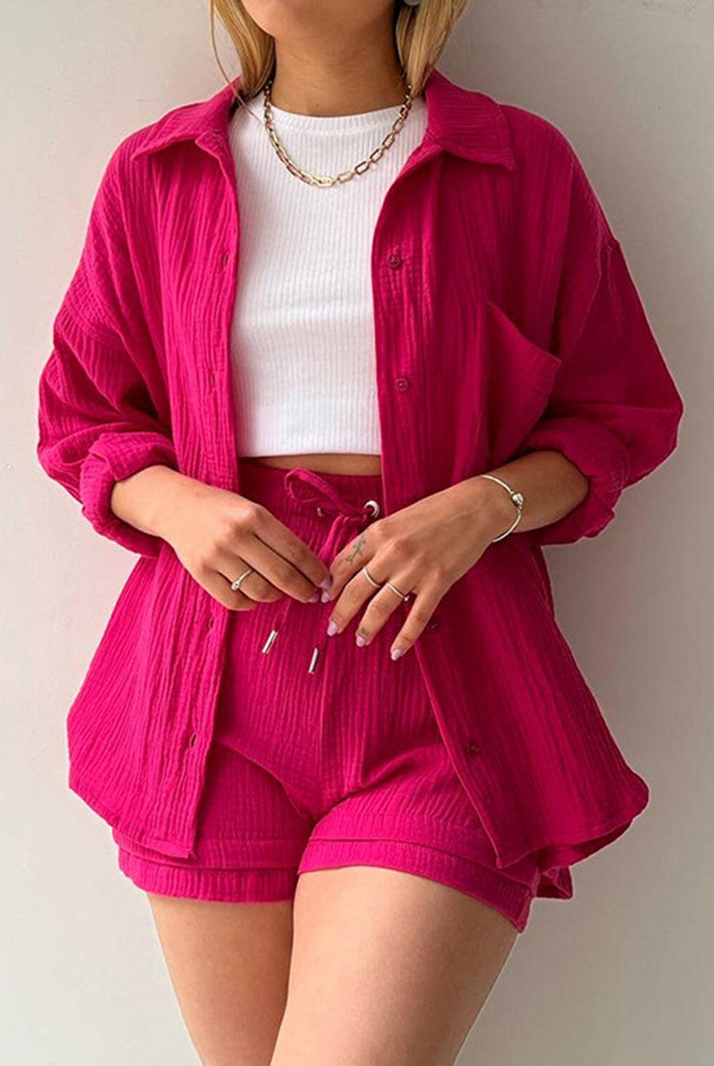 Kinsley Texture Button-Up Shirt and Drawstring Shorts Set-Krush Kandy, Women's Online Fashion Boutique Located in Phoenix, Arizona (Scottsdale Area)