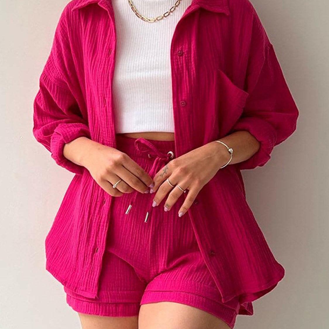 Kinsley Texture Button-Up Shirt and Drawstring Shorts Set-Krush Kandy, Women's Online Fashion Boutique Located in Phoenix, Arizona (Scottsdale Area)