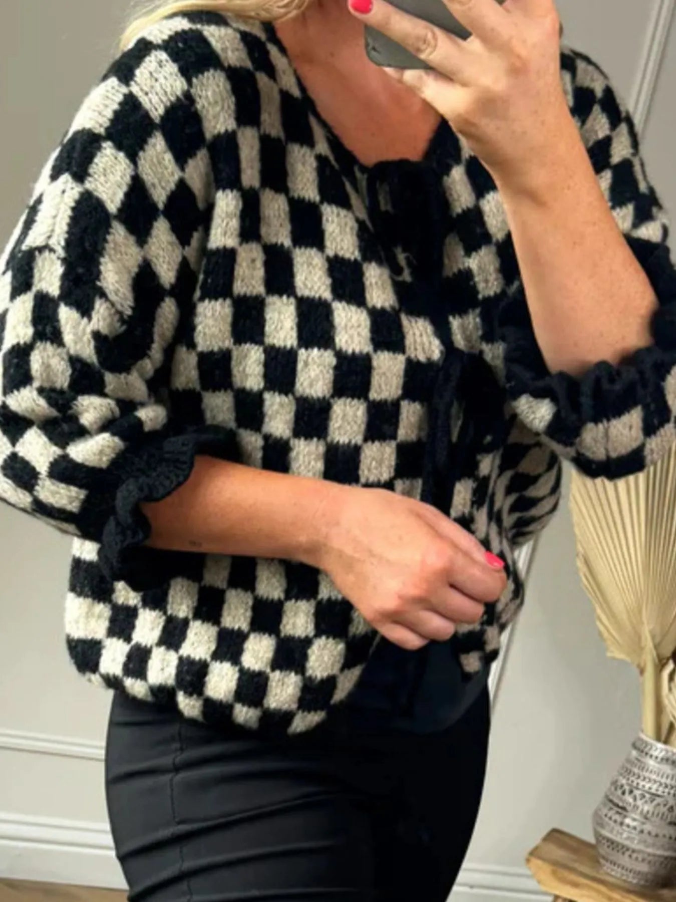 Checkered Tie-Front Knit Cardigan-Cardigan-Krush Kandy, Women's Online Fashion Boutique Located in Phoenix, Arizona (Scottsdale Area)