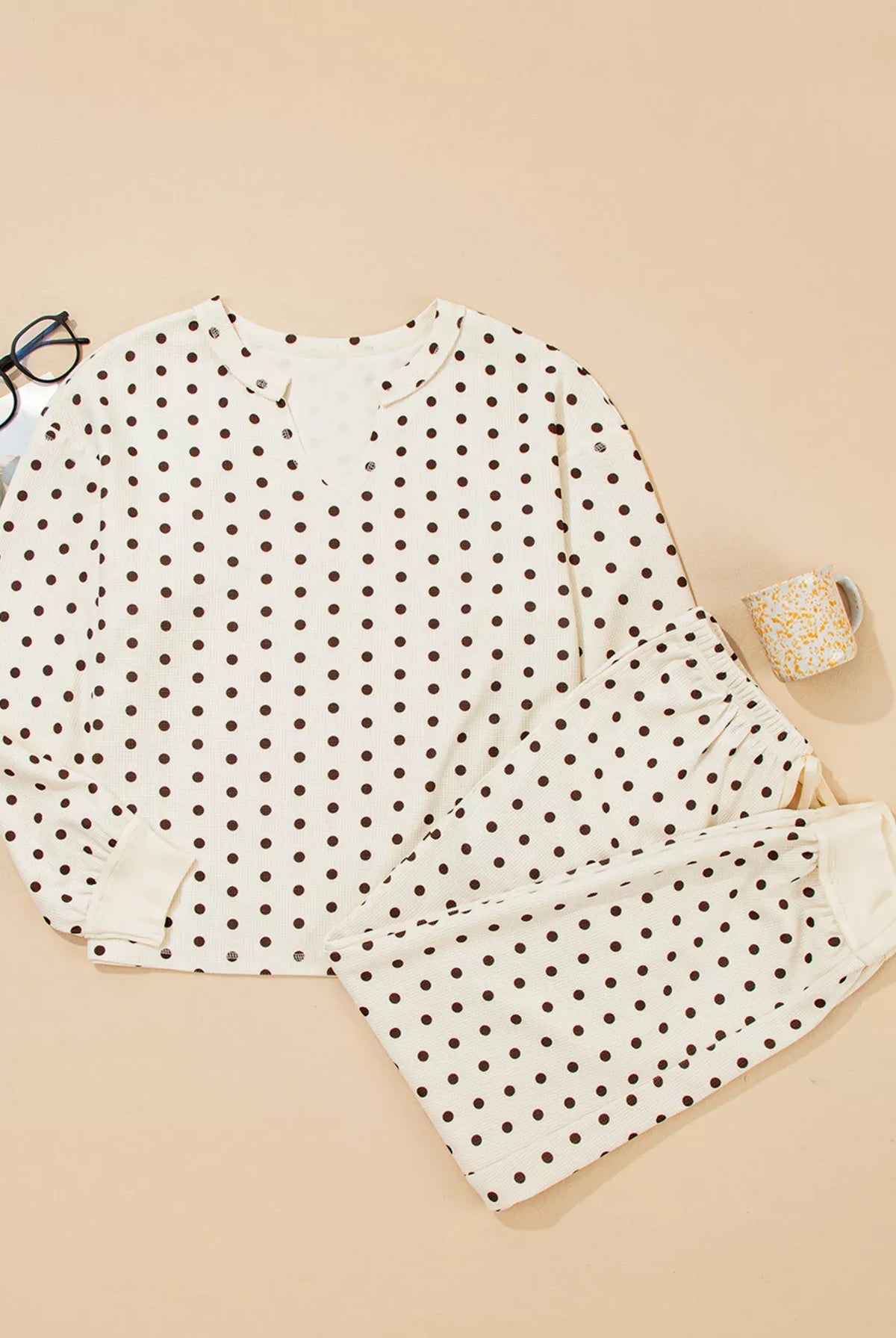 Polka Dot Notched Long Sleeve Top and Drawstring Joggers Lounge Set-Loungewear-Krush Kandy, Women's Online Fashion Boutique Located in Phoenix, Arizona (Scottsdale Area)