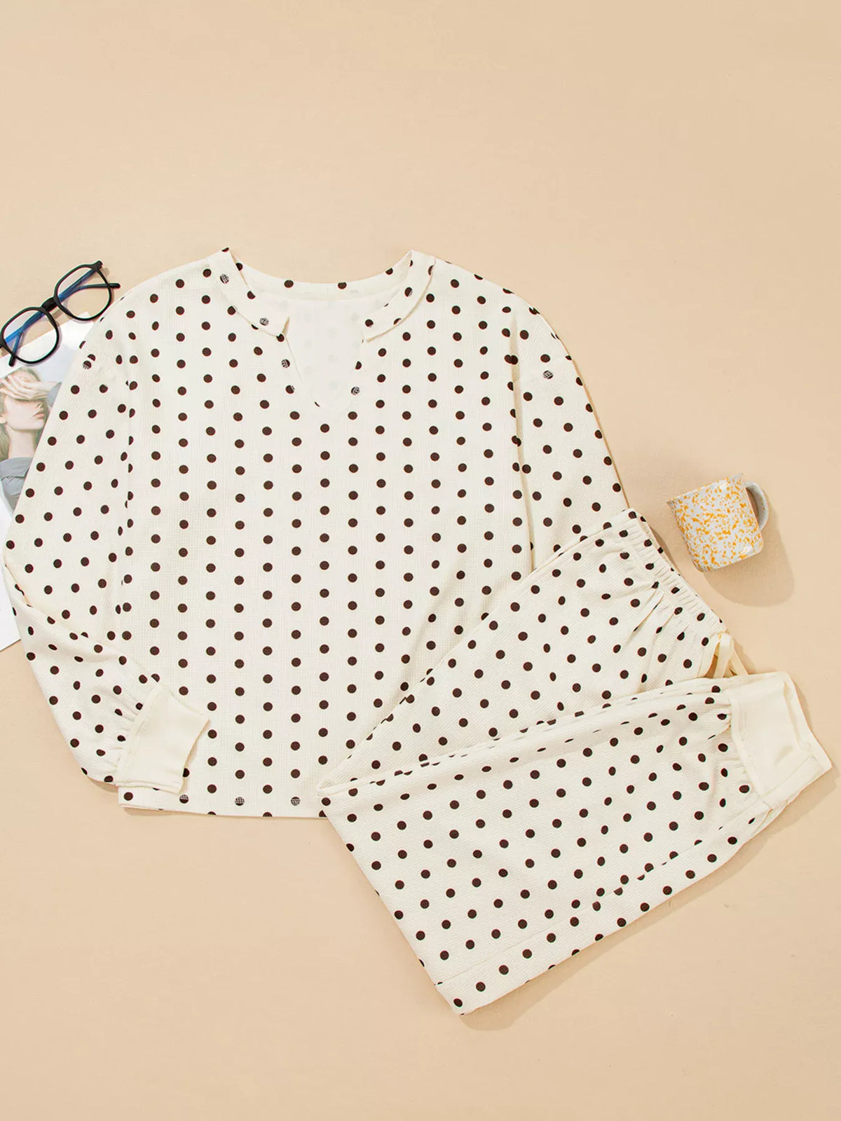 Polka Dot Notched Long Sleeve Top and Drawstring Joggers Lounge Set-Loungewear-Krush Kandy, Women's Online Fashion Boutique Located in Phoenix, Arizona (Scottsdale Area)