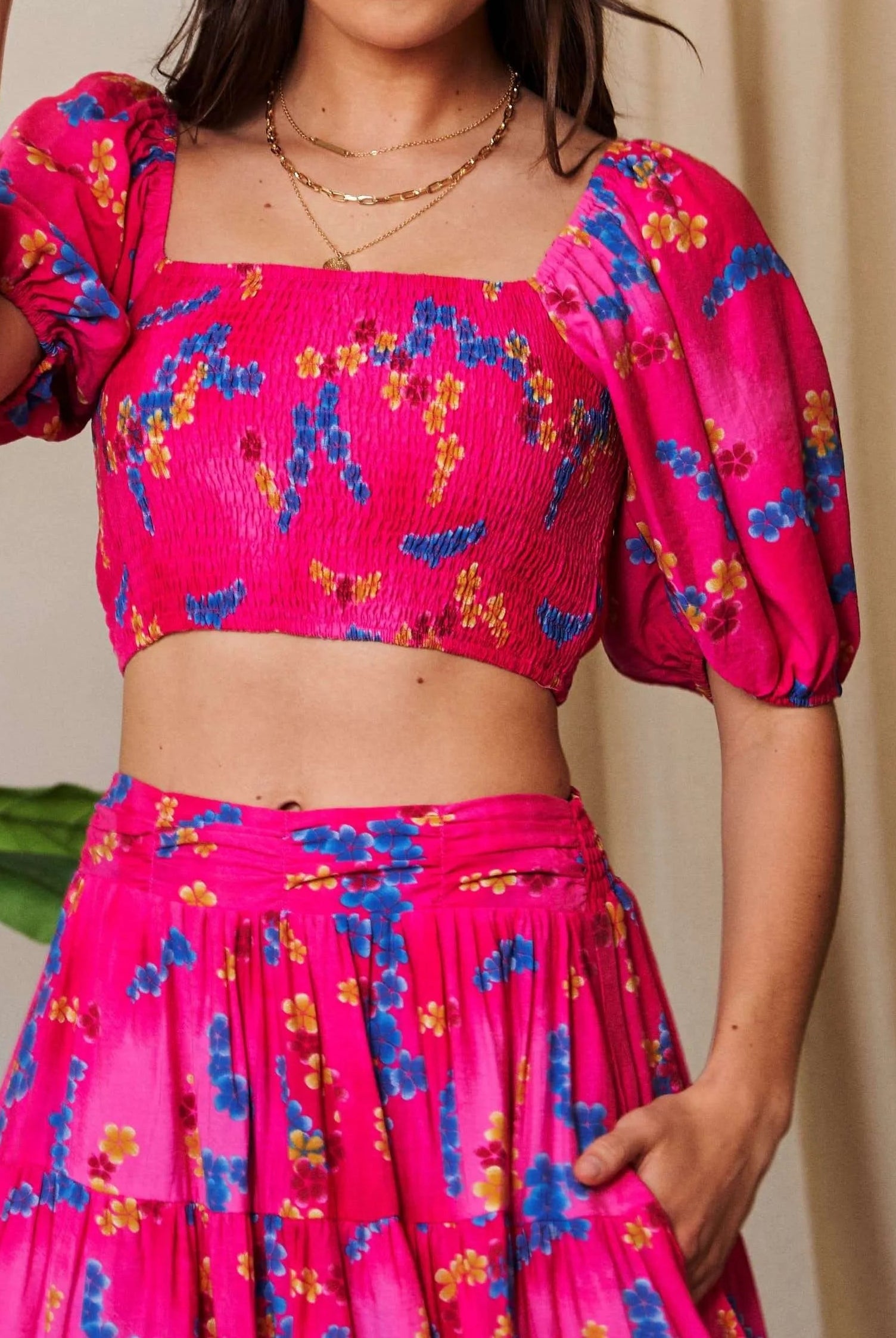 Davi & Dani Smocing Bodice Puff Short Sleeve Printed Crop Top-2 Piece Outfit Sets-Krush Kandy, Women's Online Fashion Boutique Located in Phoenix, Arizona (Scottsdale Area)