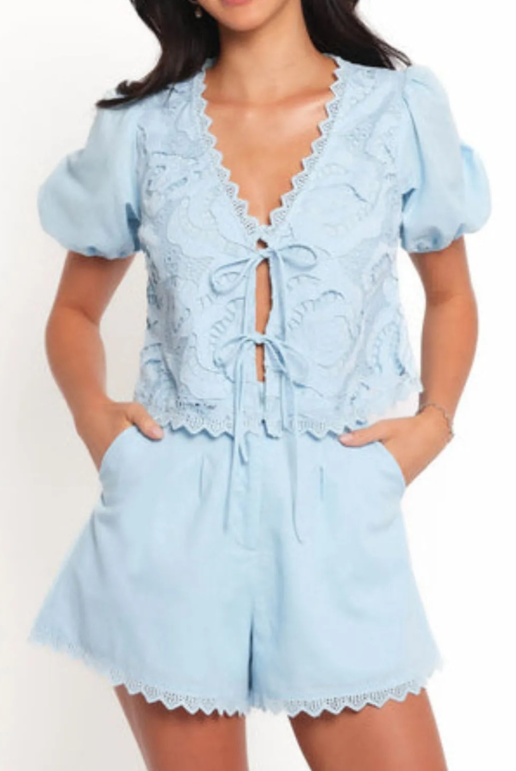 Lace Detail V-Neck Top and Shorts Set-2 Piece Outfit Sets-Krush Kandy, Women's Online Fashion Boutique Located in Phoenix, Arizona (Scottsdale Area)