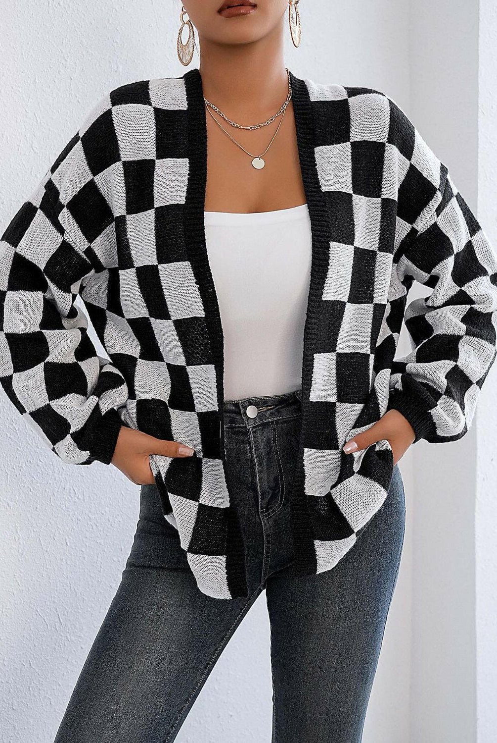 Checkered Open Front Long Sleeve Cardigan-Cardigans-Krush Kandy, Women's Online Fashion Boutique Located in Phoenix, Arizona (Scottsdale Area)