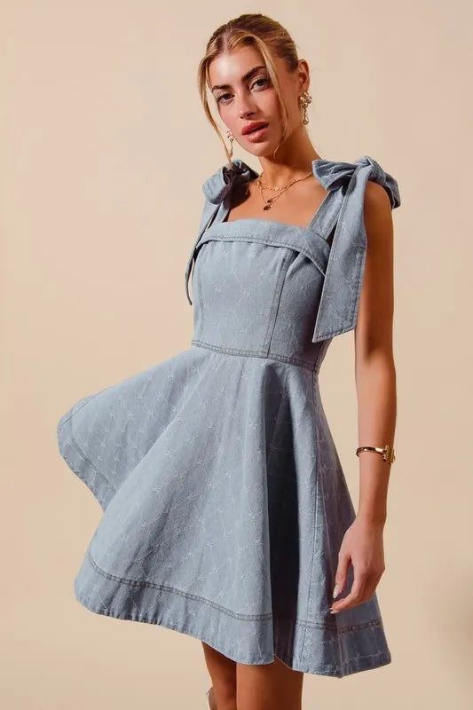 SO ME A Line Bow Denim Dress-Dresses-Krush Kandy, Women's Online Fashion Boutique Located in Phoenix, Arizona (Scottsdale Area)