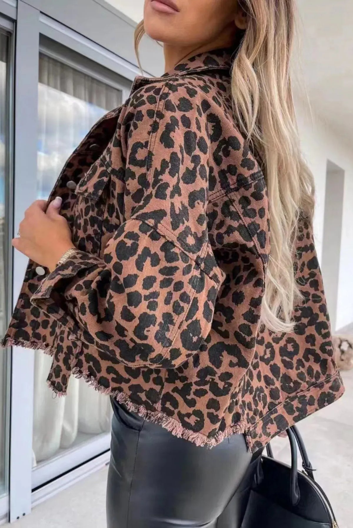 Leopard Print Raw Hem Denim Jacket-Jackets-Krush Kandy, Women's Online Fashion Boutique Located in Phoenix, Arizona (Scottsdale Area)