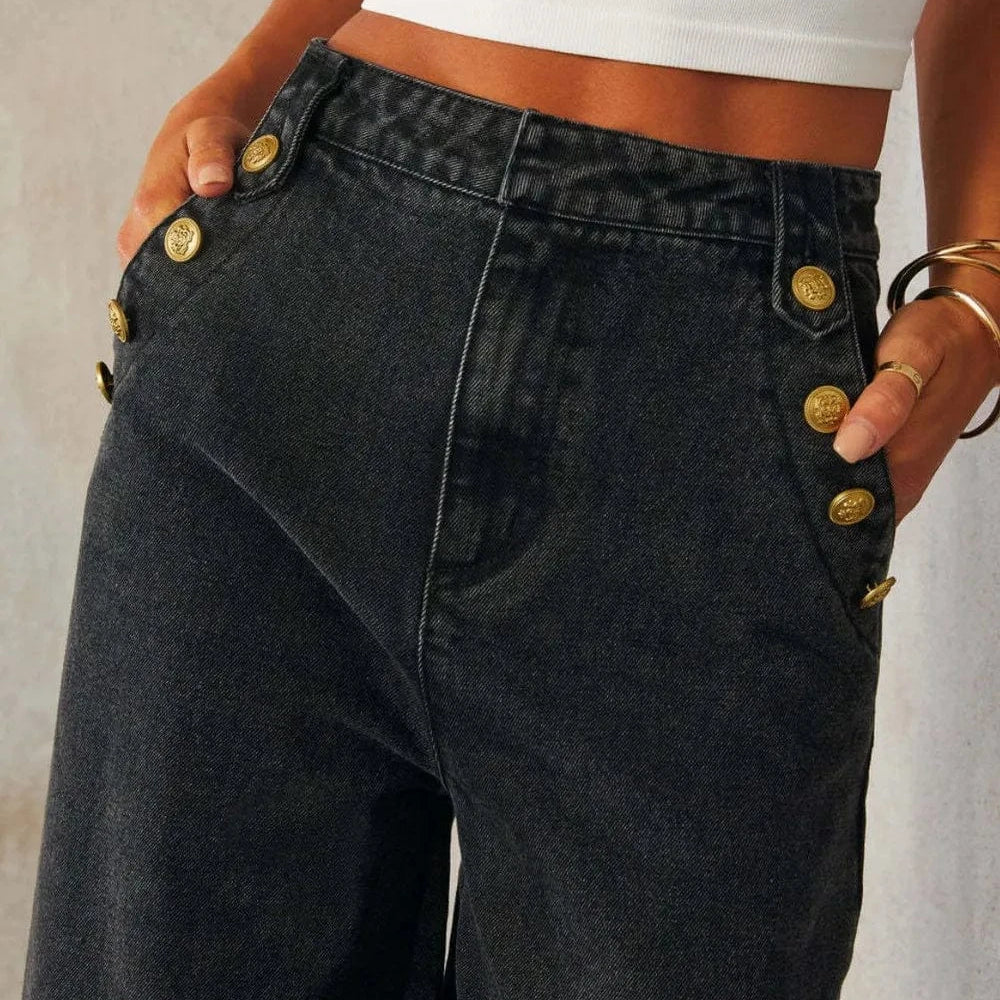 Button Decor High Rise Wide Leg Jeans-Krush Kandy, Women's Online Fashion Boutique Located in Phoenix, Arizona (Scottsdale Area)