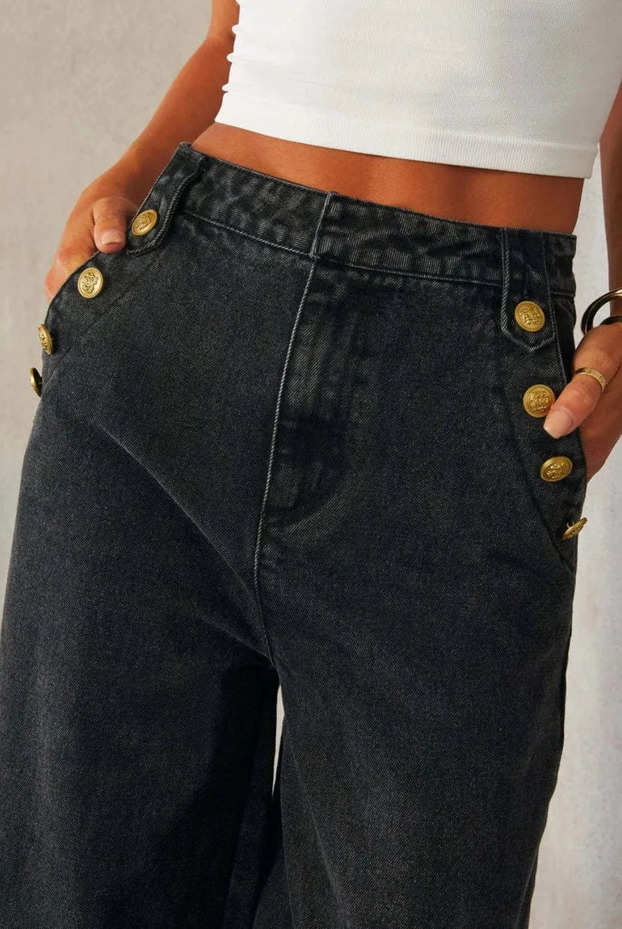 Button Decor High Rise Wide Leg Jeans-Krush Kandy, Women's Online Fashion Boutique Located in Phoenix, Arizona (Scottsdale Area)