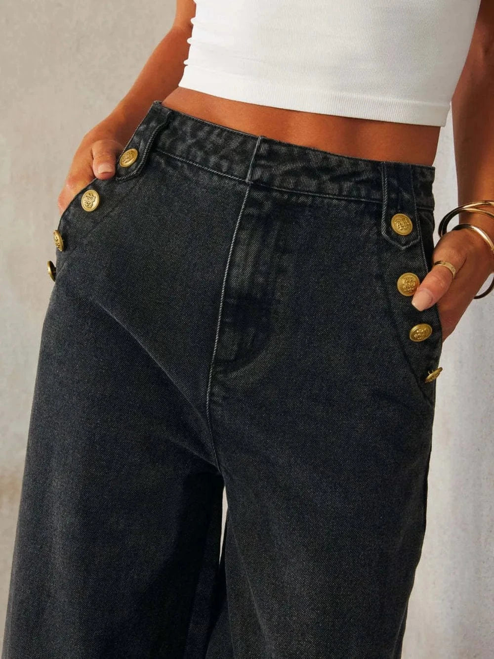 Button Decor High Rise Wide Leg Jeans-Krush Kandy, Women's Online Fashion Boutique Located in Phoenix, Arizona (Scottsdale Area)