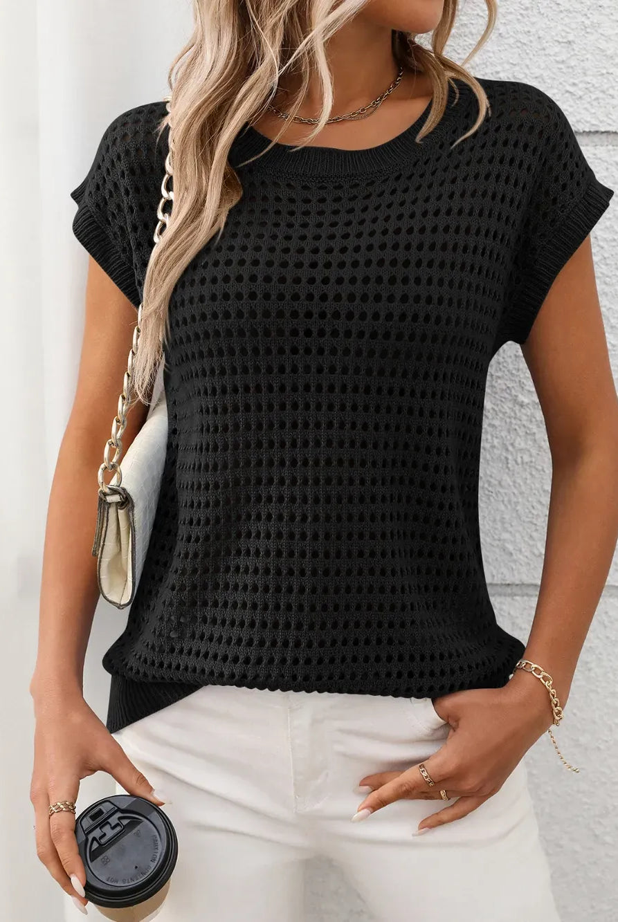 Openwork Round Neck Short Sleeve Knit Cover Up-Krush Kandy, Women's Online Fashion Boutique Located in Phoenix, Arizona (Scottsdale Area)