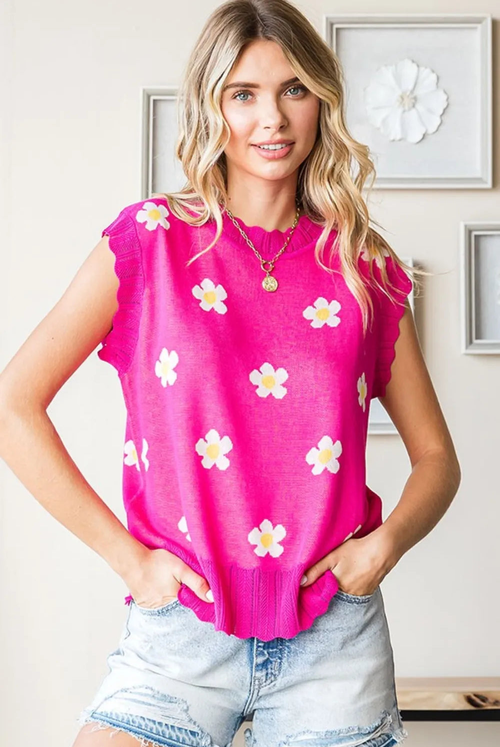 First Love Full Size Flower Pattern Round Neck Sweater Vest-Sweaters-Krush Kandy, Women's Online Fashion Boutique Located in Phoenix, Arizona (Scottsdale Area)
