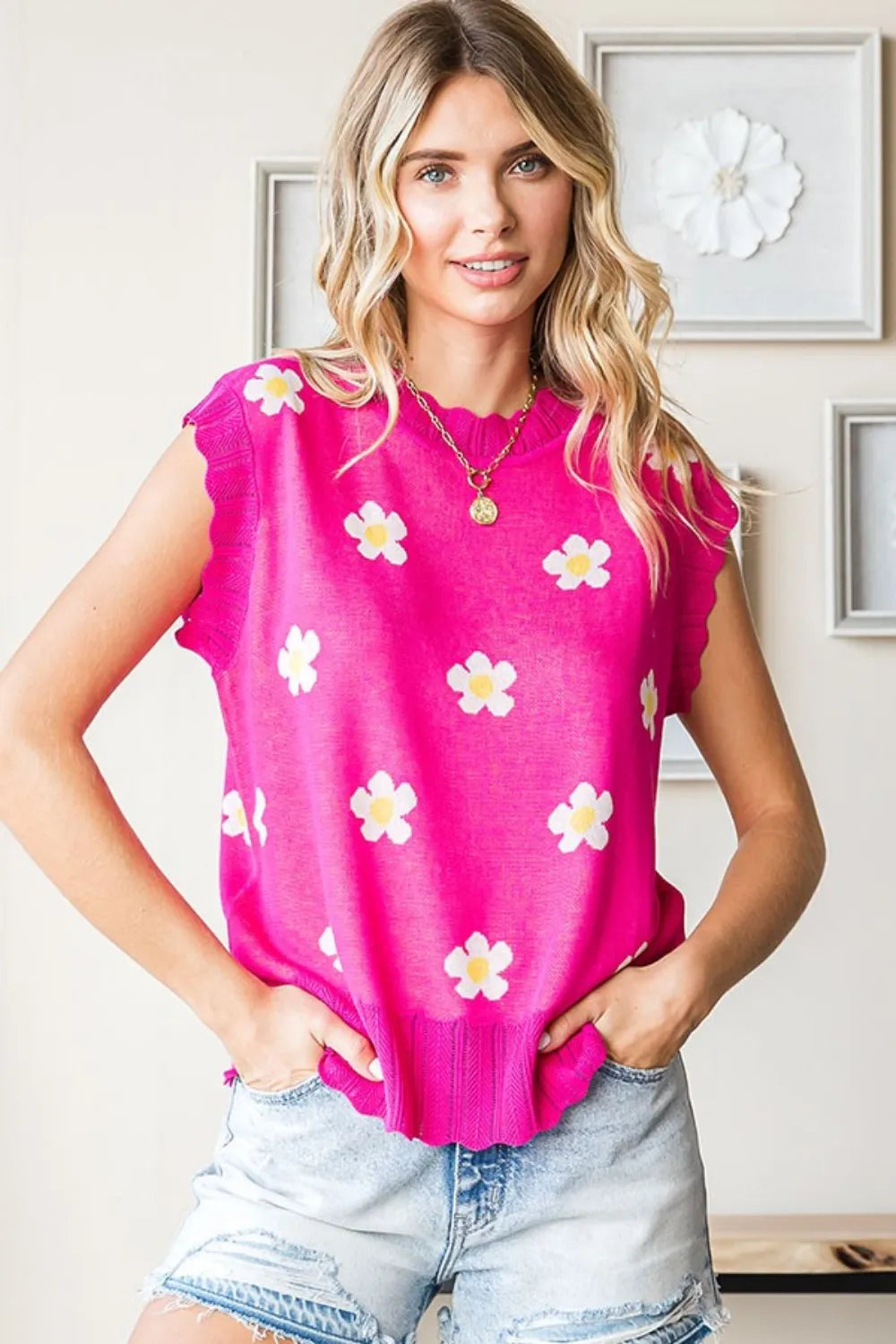 First Love Full Size Flower Pattern Round Neck Sweater Vest-Sweaters-Krush Kandy, Women's Online Fashion Boutique Located in Phoenix, Arizona (Scottsdale Area)