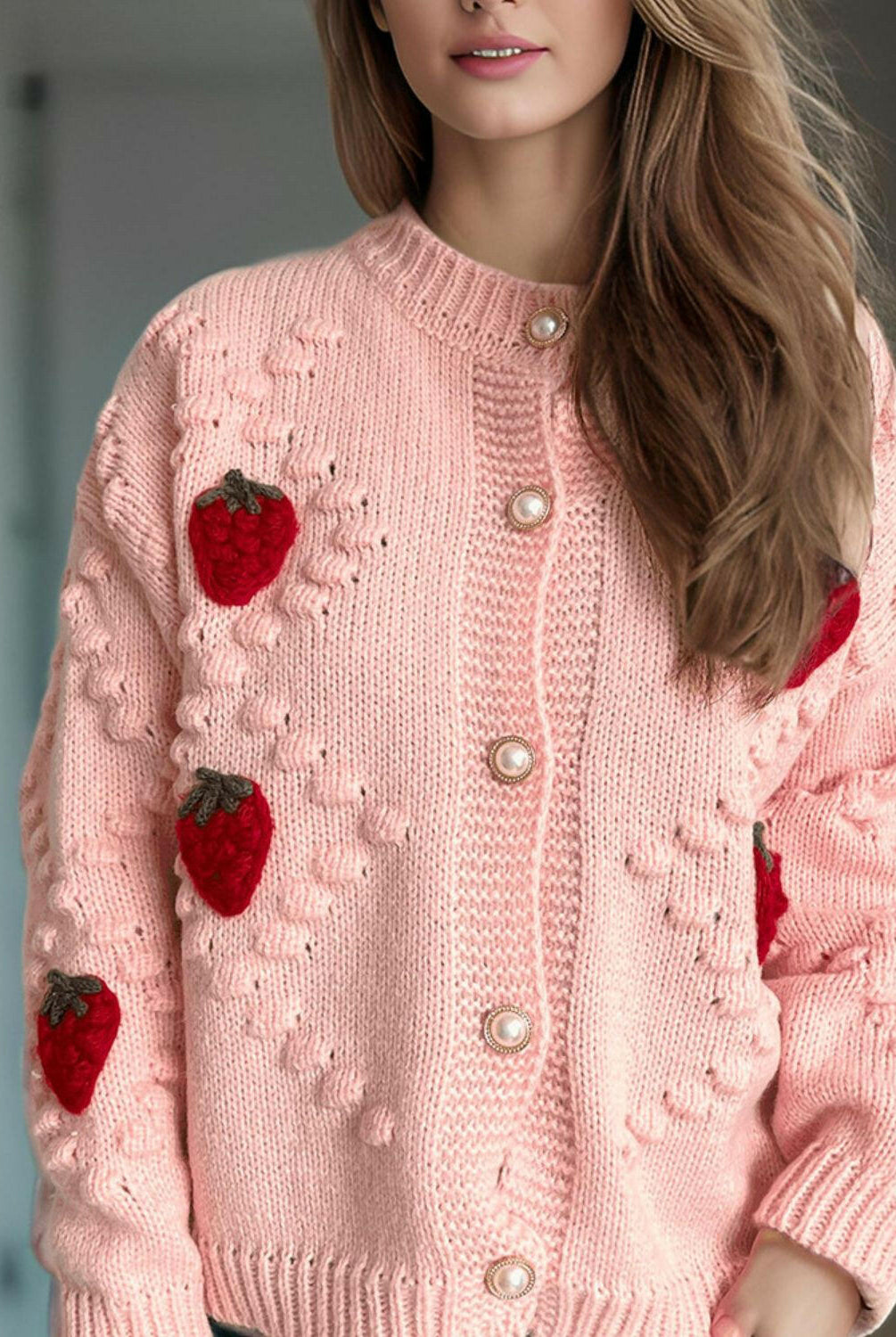Strawberry Button Down Long Sleeve Cardigan-Cardigans-Krush Kandy, Women's Online Fashion Boutique Located in Phoenix, Arizona (Scottsdale Area)