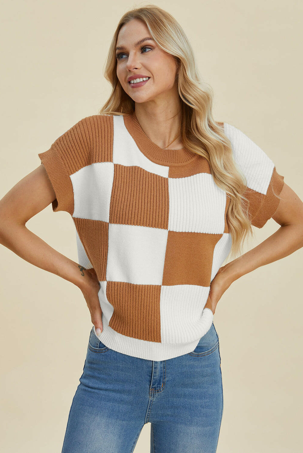 Double Take Full Size Checkered Round Neck Short Sleeve Sweater-Tops-Krush Kandy, Women's Online Fashion Boutique Located in Phoenix, Arizona (Scottsdale Area)