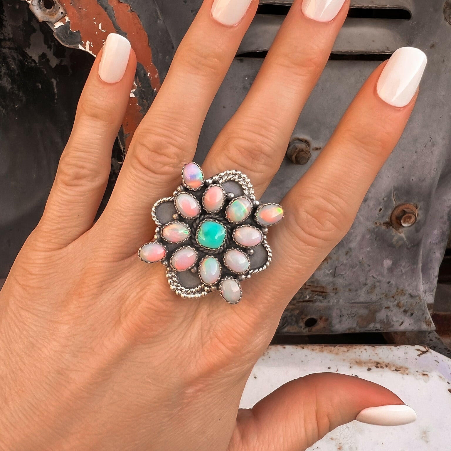 Aurora Opal Cluster Sterling Silver Ring-Rings-Krush Kandy, Women's Online Fashion Boutique Located in Phoenix, Arizona (Scottsdale Area)