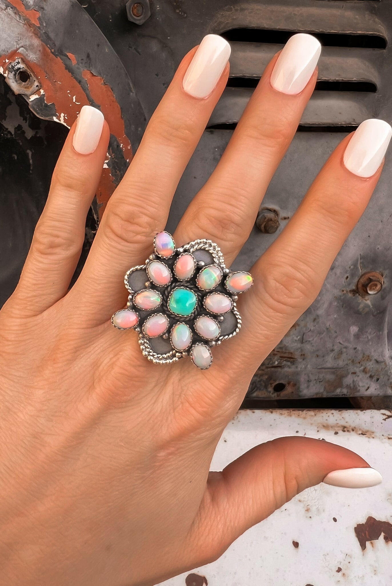 Aurora Opal Cluster Sterling Silver Ring-Rings-Krush Kandy, Women's Online Fashion Boutique Located in Phoenix, Arizona (Scottsdale Area)