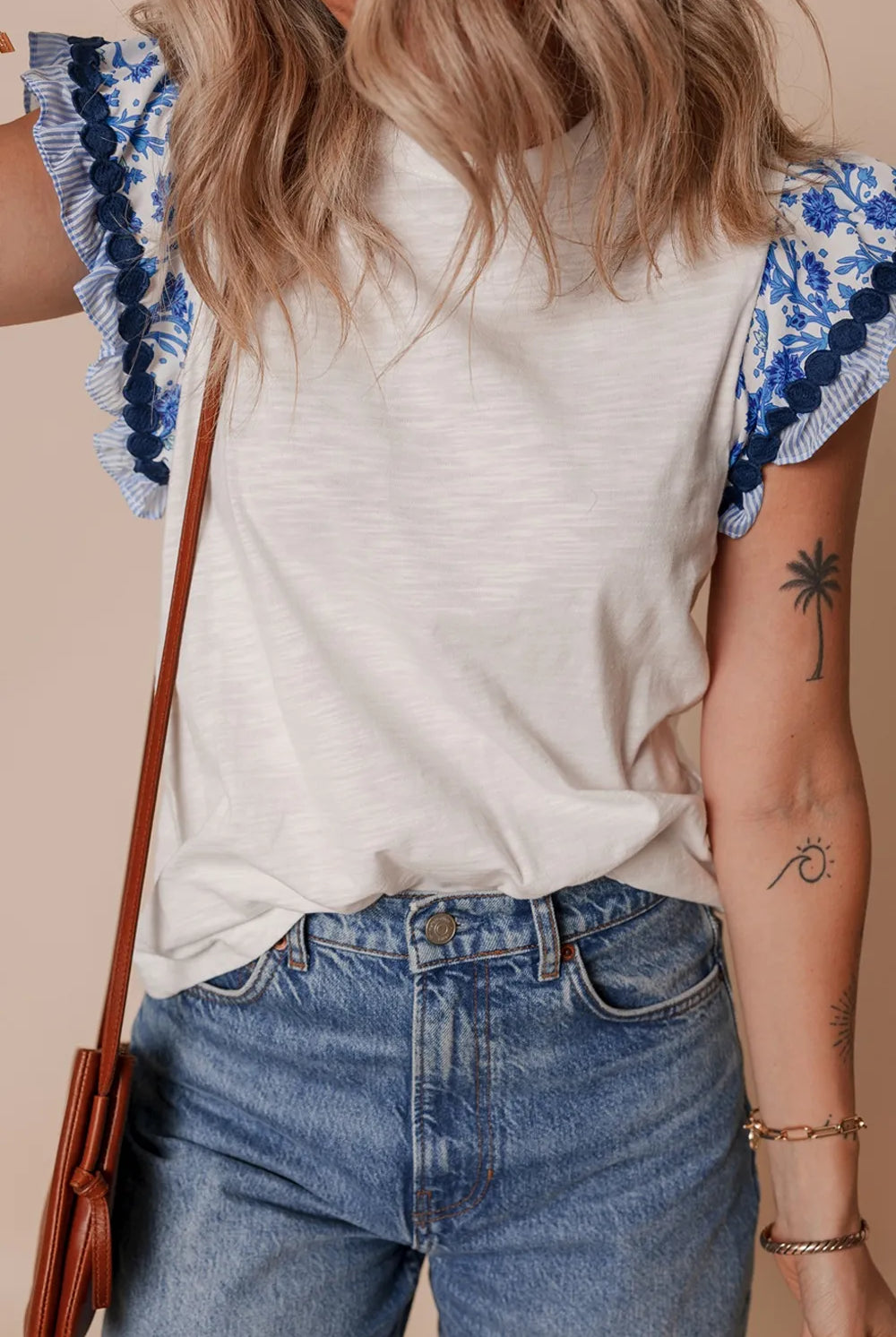Round Neck Printed Ruffled Cap Sleeve Blouse-Tops-Krush Kandy, Women's Online Fashion Boutique Located in Phoenix, Arizona (Scottsdale Area)
