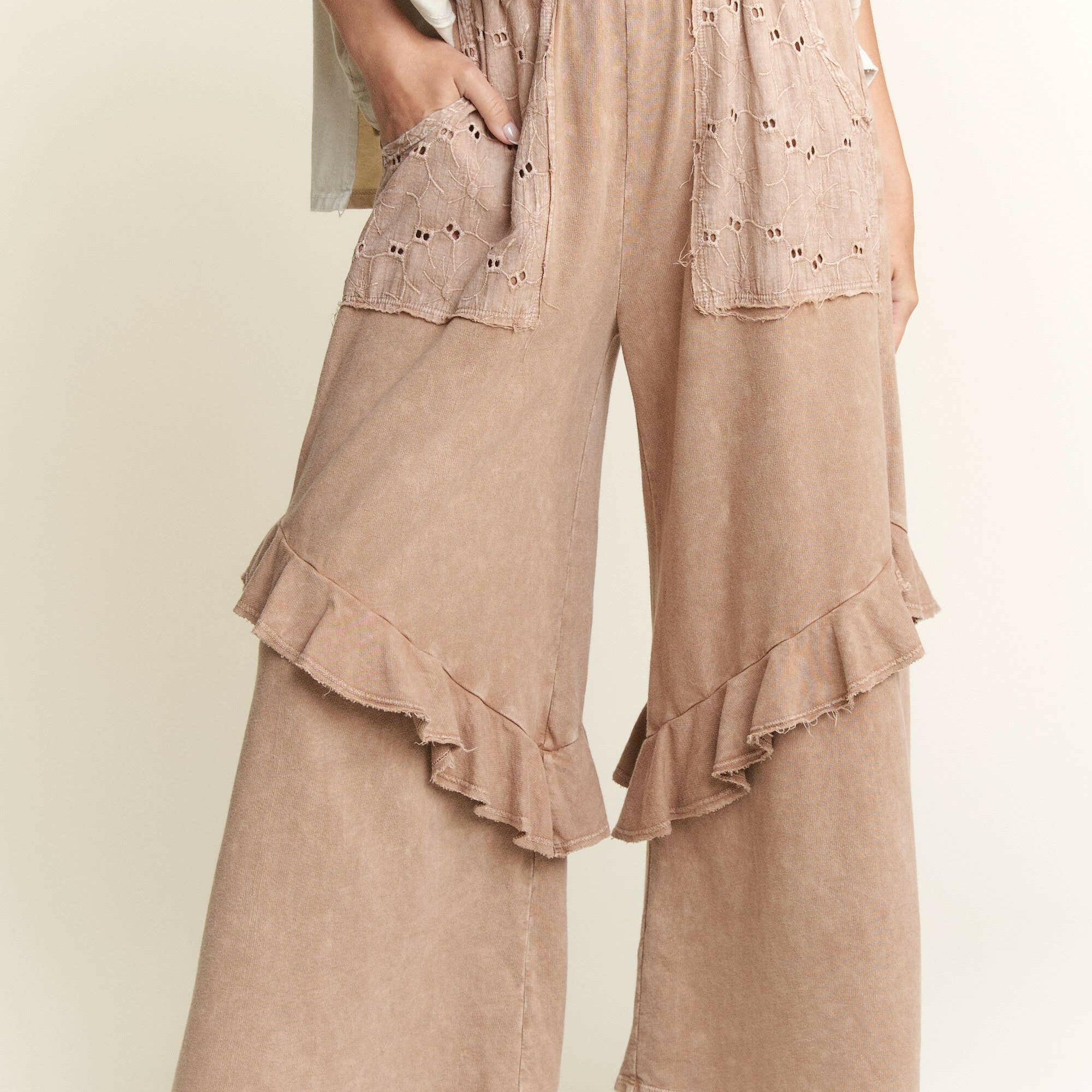 J.HER Mineral Wash Eyelet Pocket Ruffle Pants-Krush Kandy, Women's Online Fashion Boutique Located in Phoenix, Arizona (Scottsdale Area)
