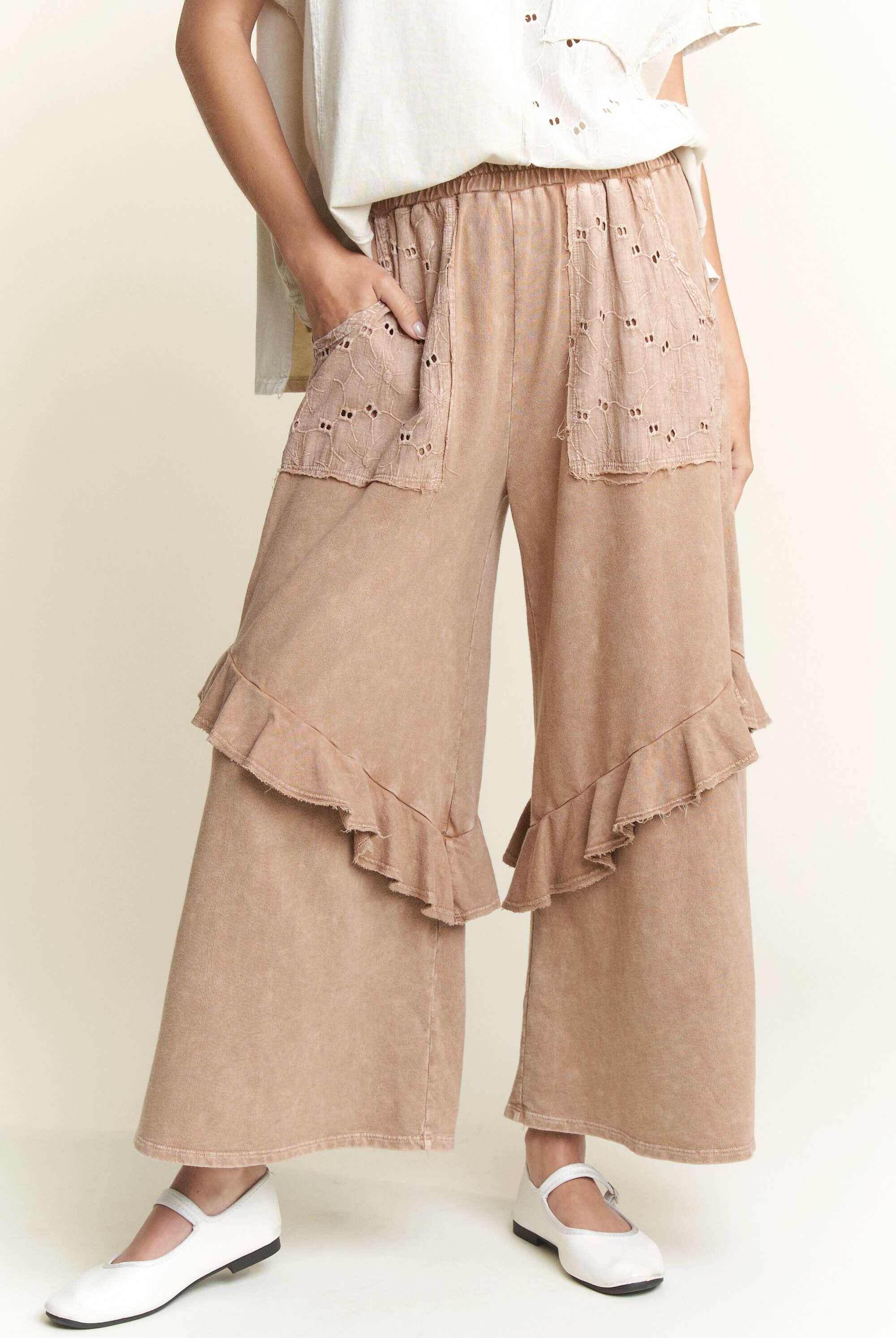 J.HER Mineral Wash Eyelet Pocket Ruffle Pants-Krush Kandy, Women's Online Fashion Boutique Located in Phoenix, Arizona (Scottsdale Area)