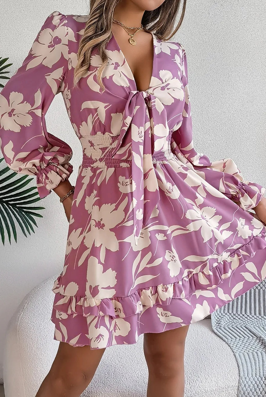 Tied Ruffled Printed Long Sleeve Dress-Krush Kandy, Women's Online Fashion Boutique Located in Phoenix, Arizona (Scottsdale Area)