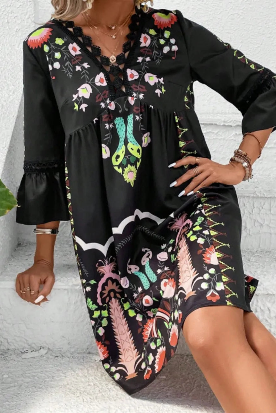 Lace Detail Printed Three-Quarter Sleeve Dress-Dresses-Krush Kandy, Women's Online Fashion Boutique Located in Phoenix, Arizona (Scottsdale Area)
