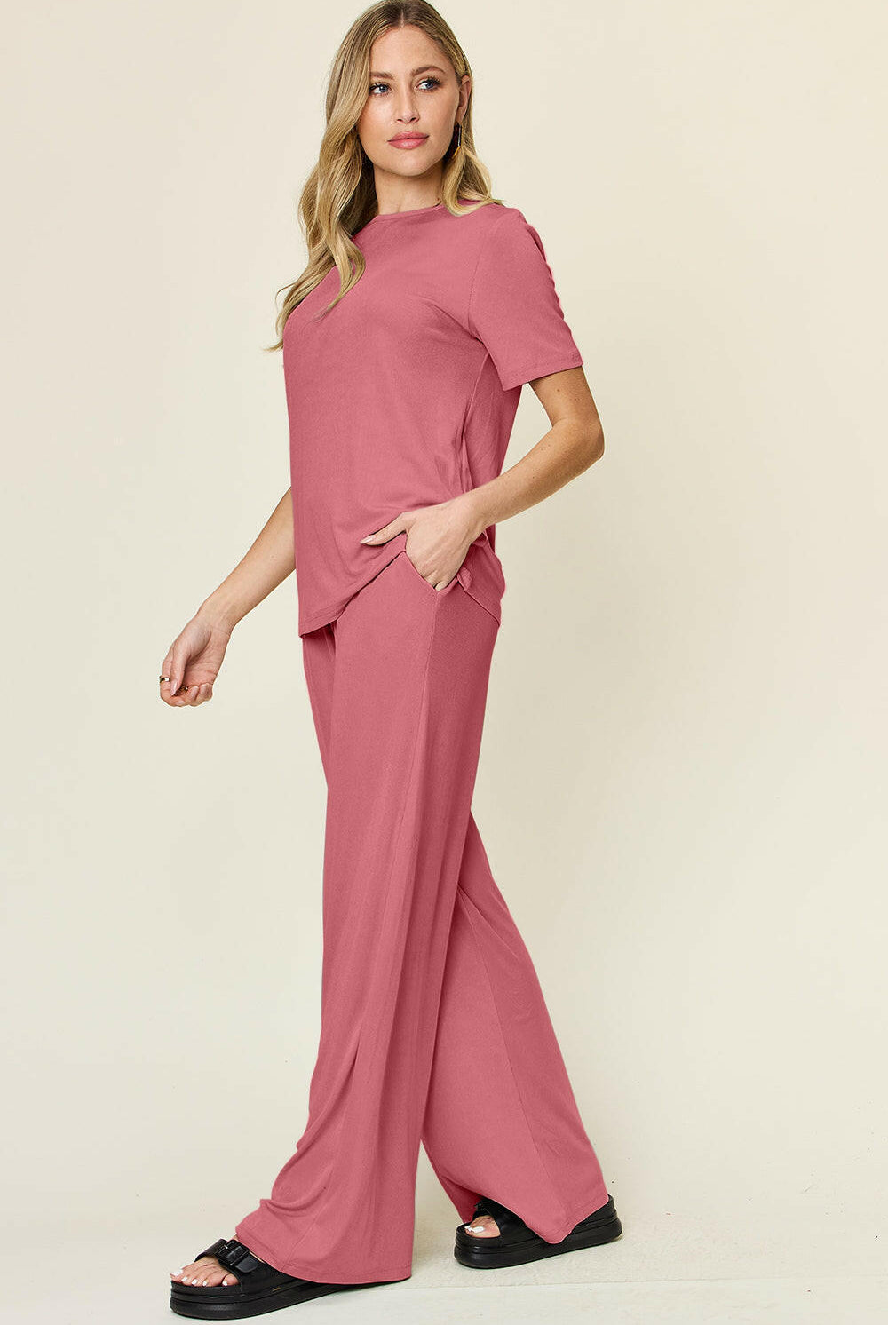Double Take Full Size Round Neck Short Sleeve T-Shirt and Wide Leg Pants Set-Krush Kandy, Women's Online Fashion Boutique Located in Phoenix, Arizona (Scottsdale Area)